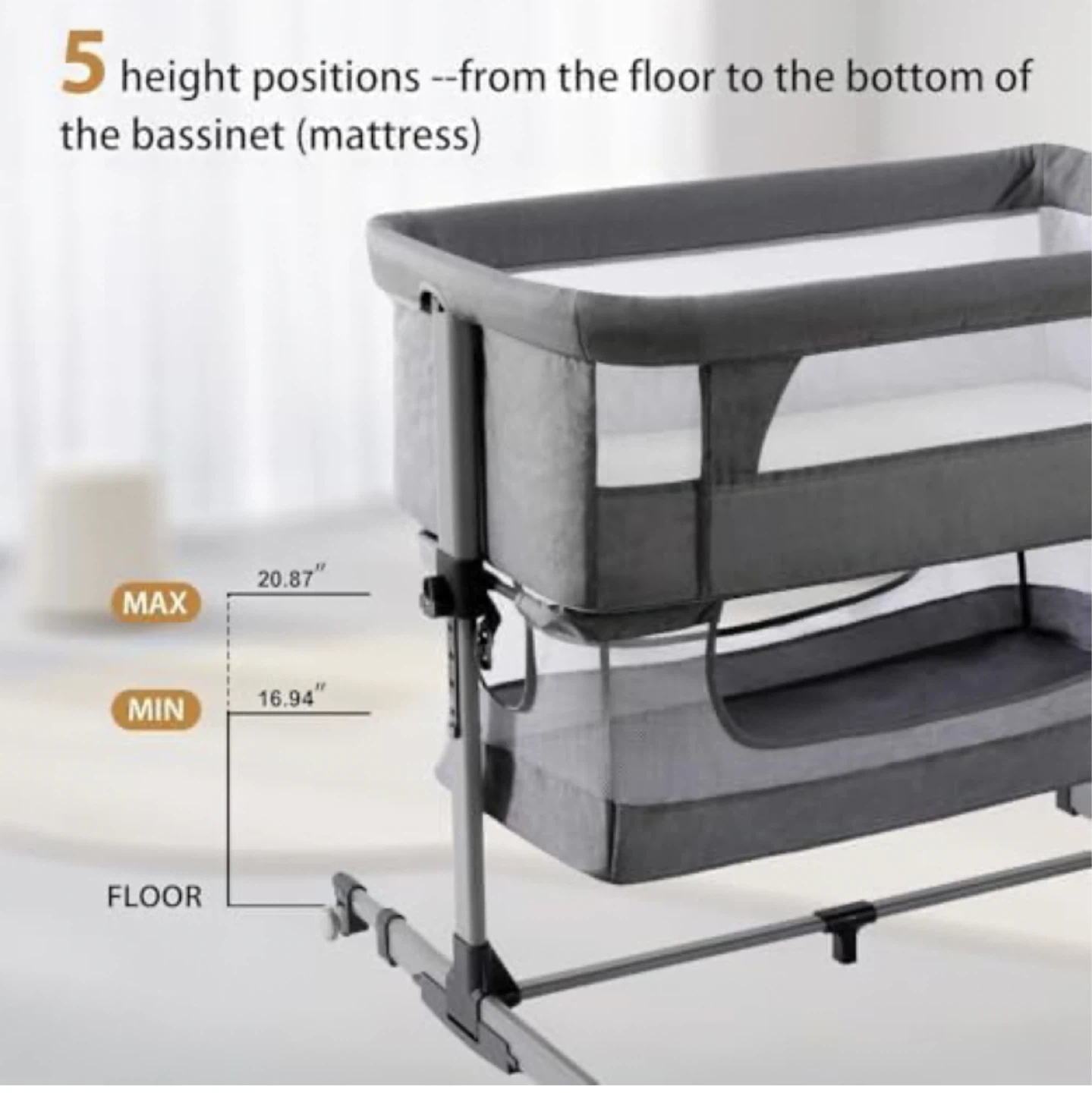 Grey Bedside Crib with Detachable & Washable Mattress - photo 3