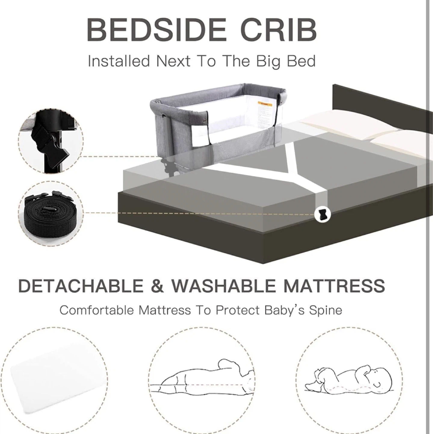 Grey Bedside Crib with Detachable & Washable Mattress - photo 5