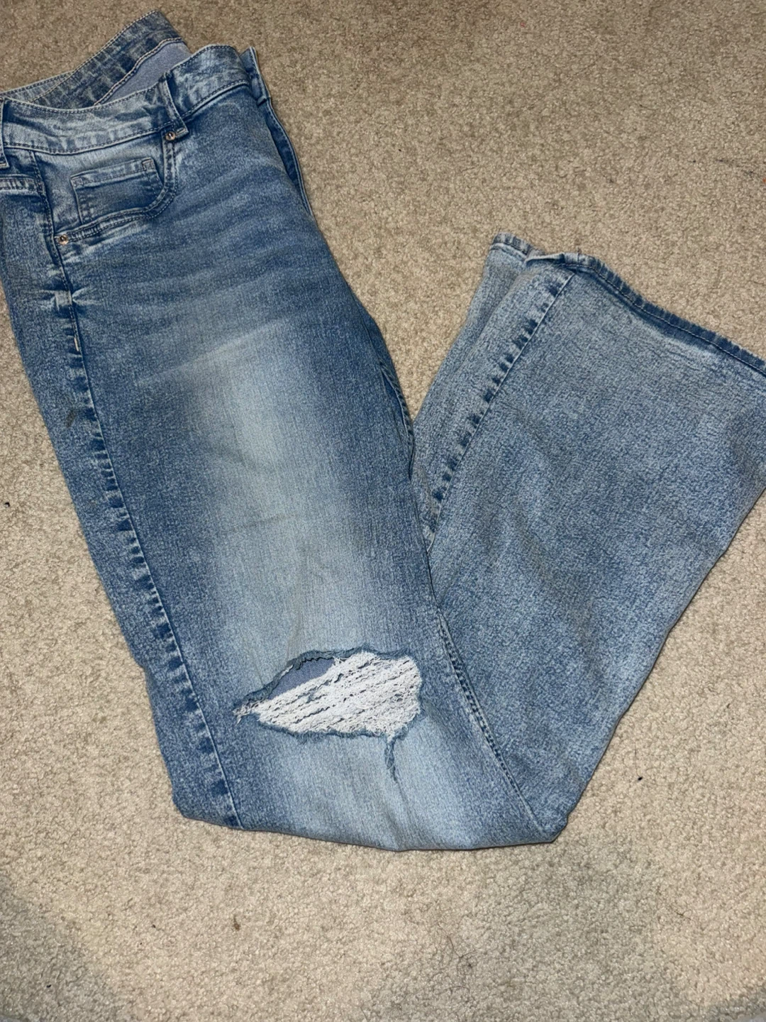 Women's Light Wash Distressed Low-Rise Flare Jeans