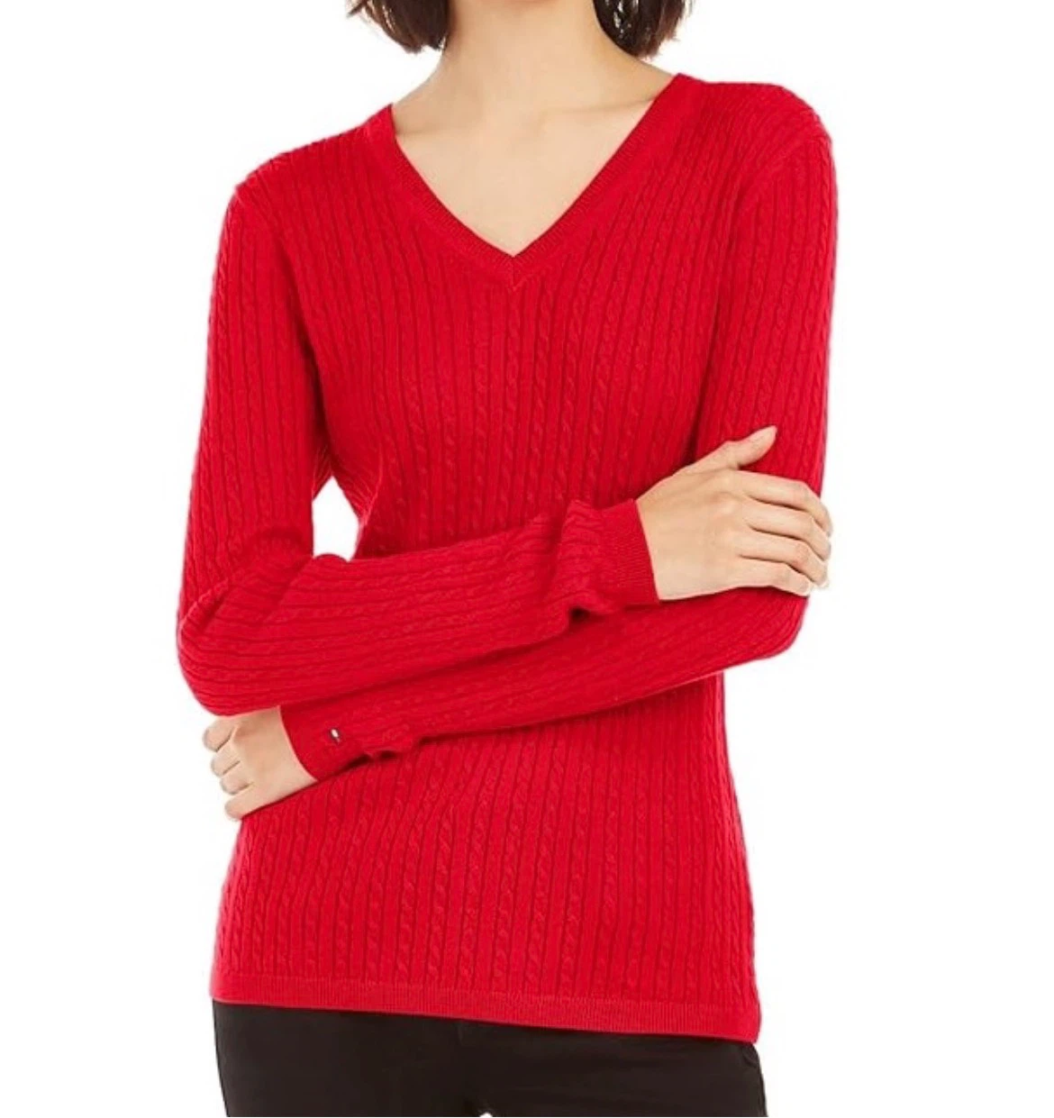 Tommy Hilfiger Red Cable Knit V-Neck Sweater