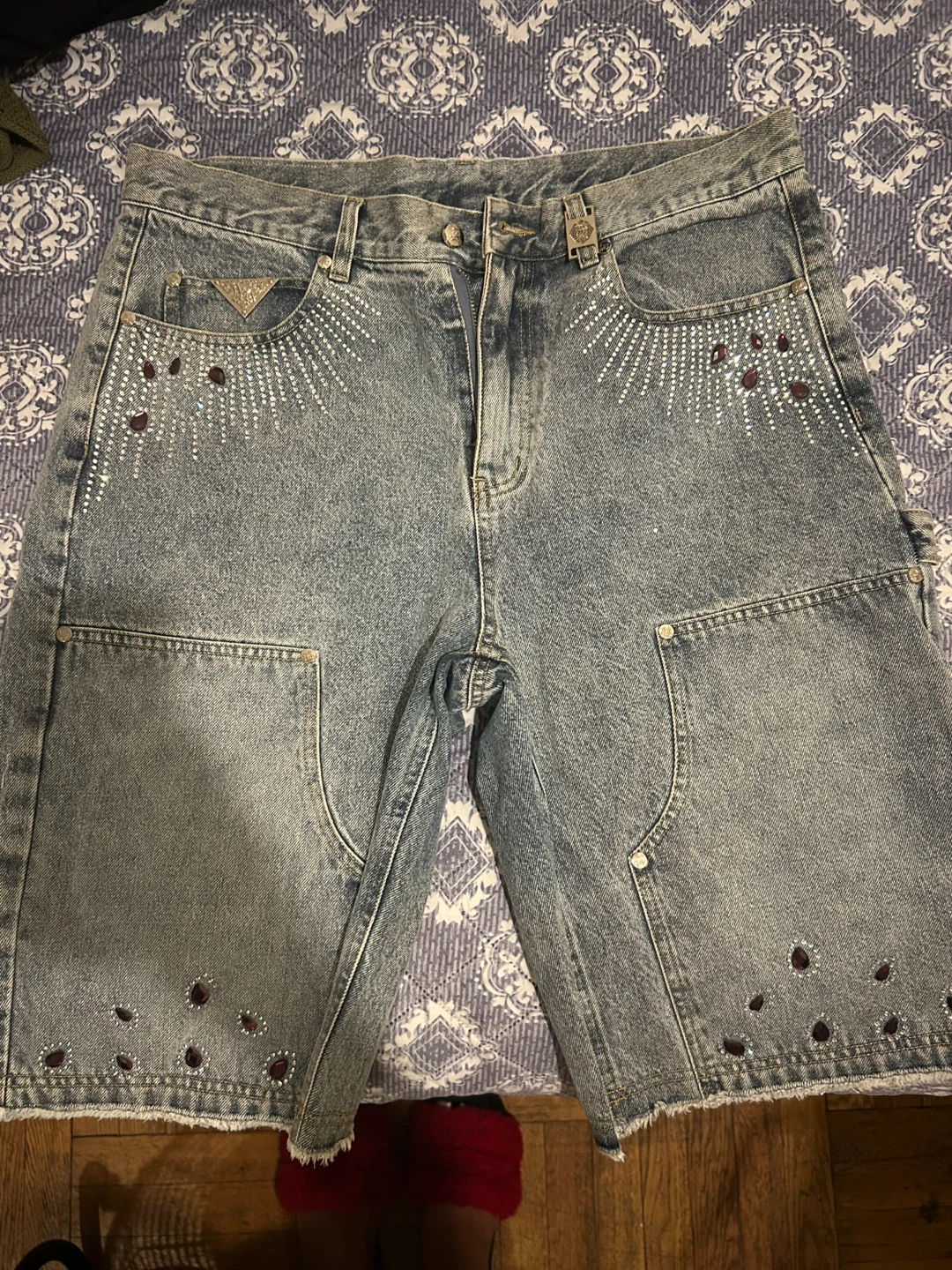 WATBON Light Wash Rhinestone Denim Shorts