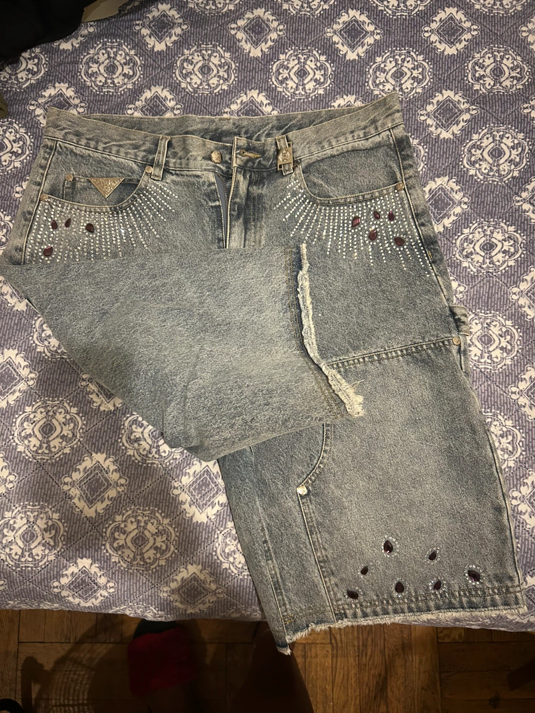 WATBON Light Wash Rhinestone Denim Shorts - photo 2