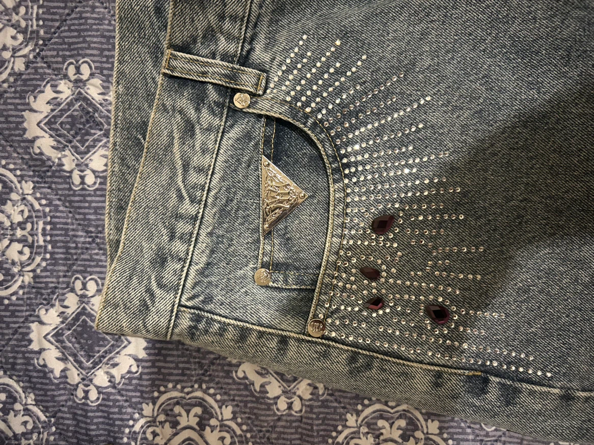 WATBON Light Wash Rhinestone Denim Shorts - photo 3