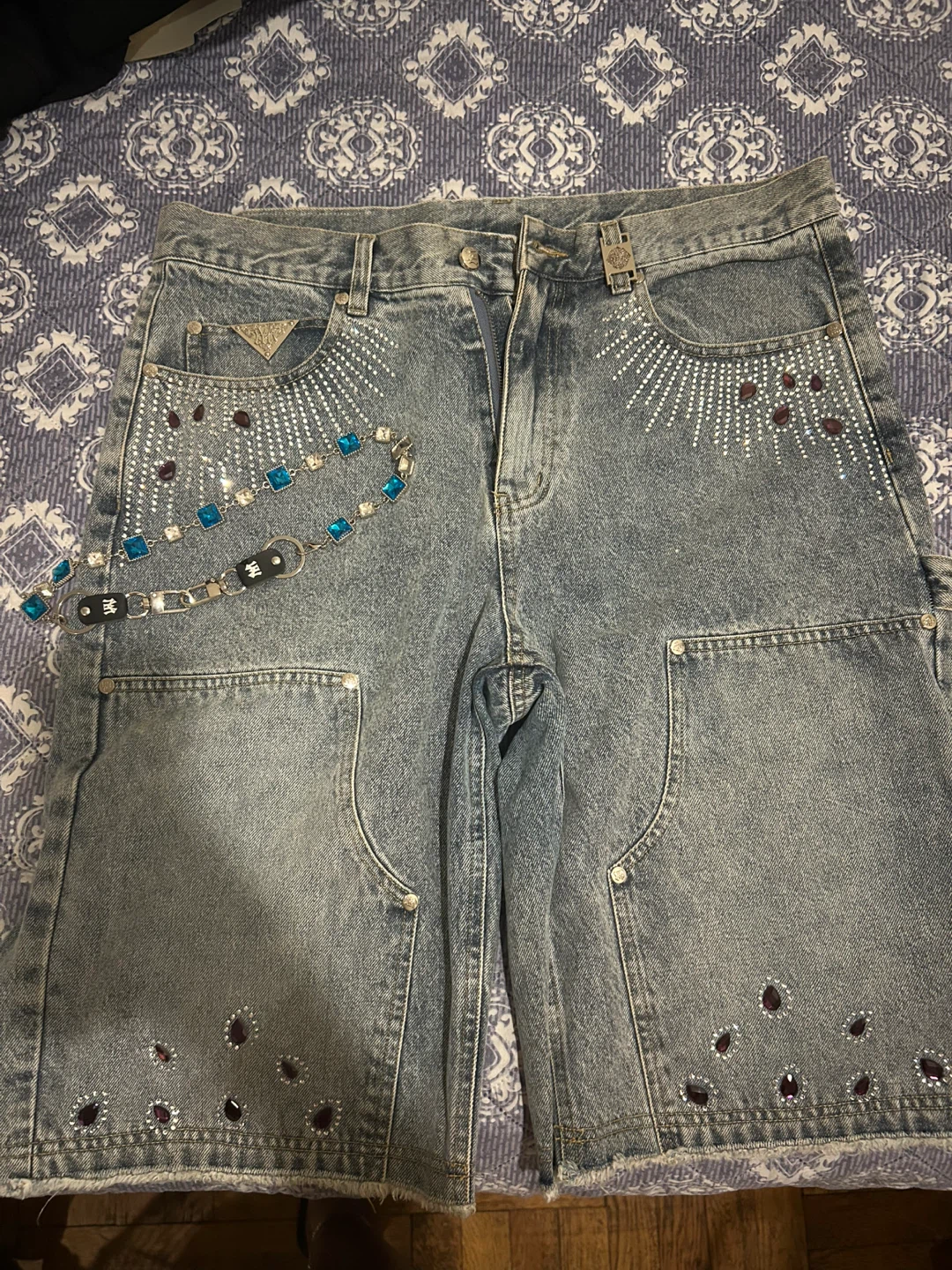 WATBON Light Wash Rhinestone Denim Shorts - photo 5