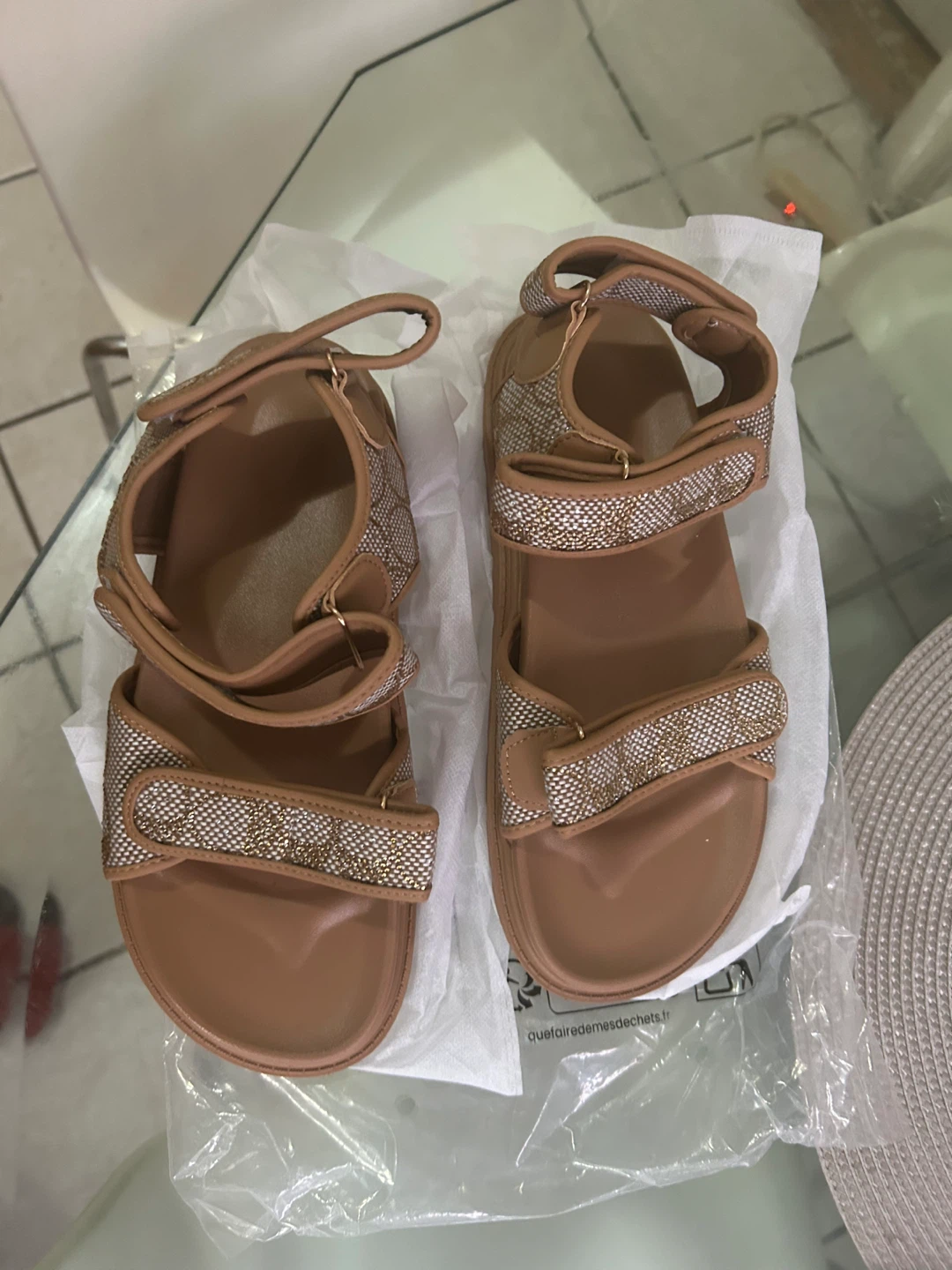 Tan and Gold Logo Sandals