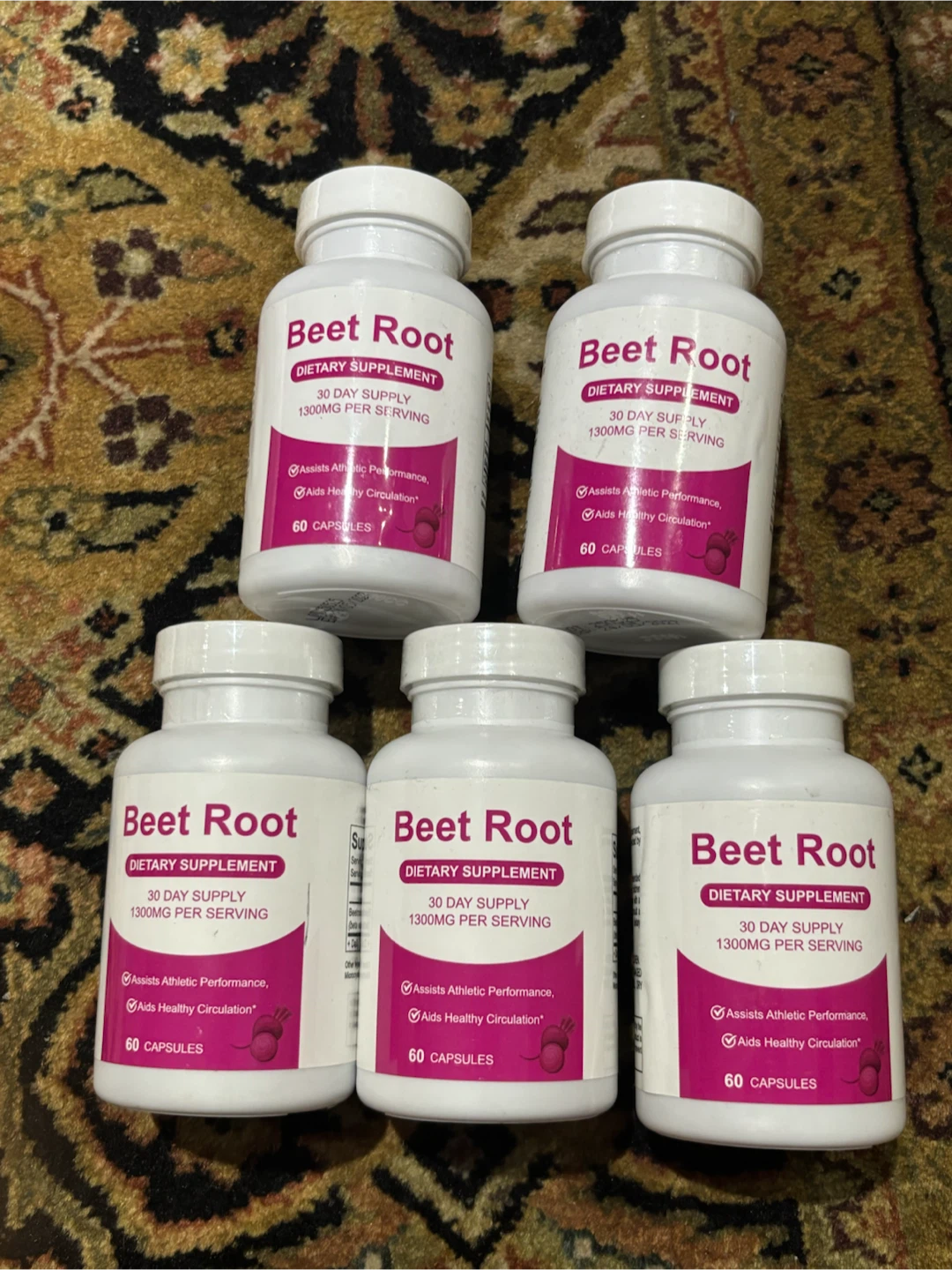 Five Beet Root Dietary Supplement Bottles