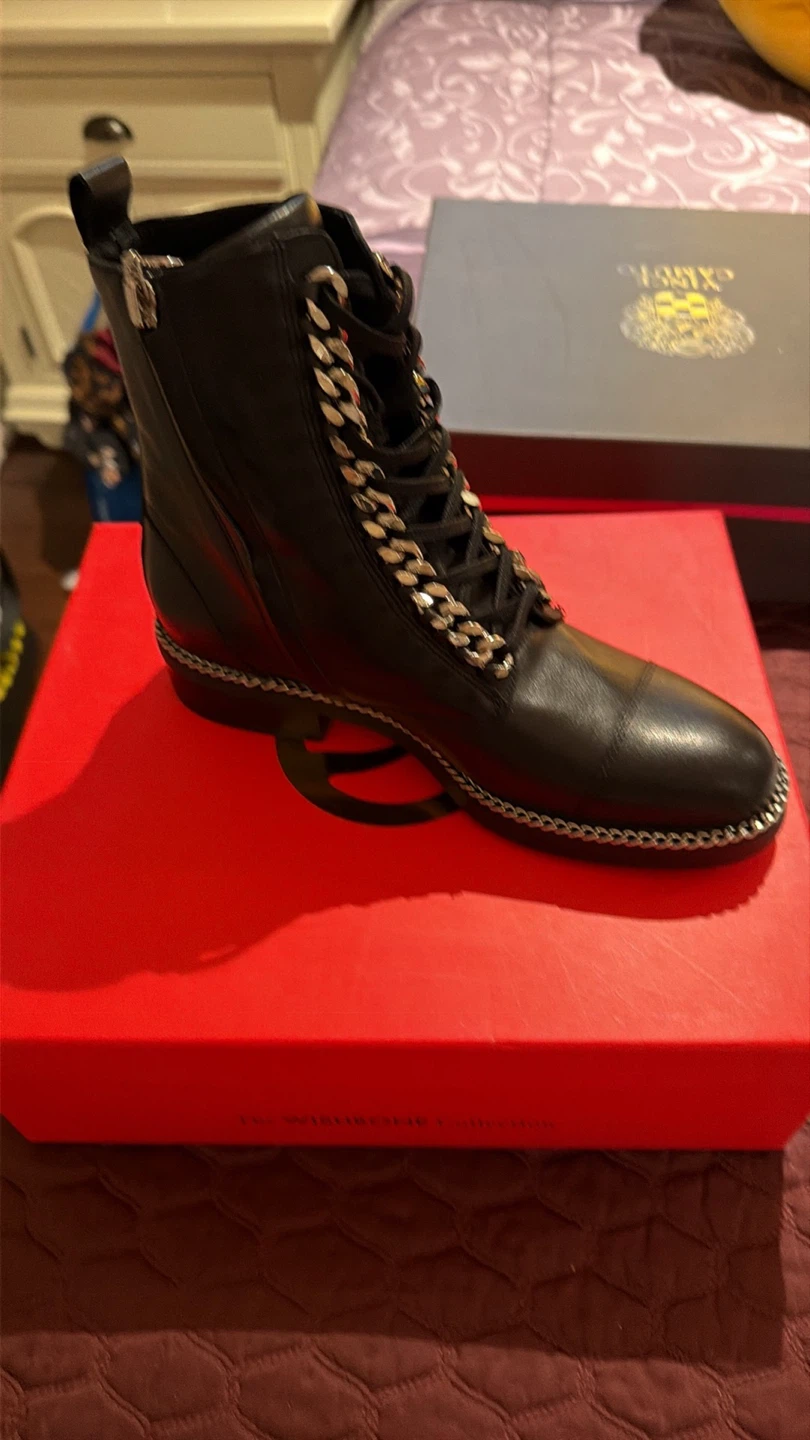 Black Leather Lace-Up Boots with Chain Detail