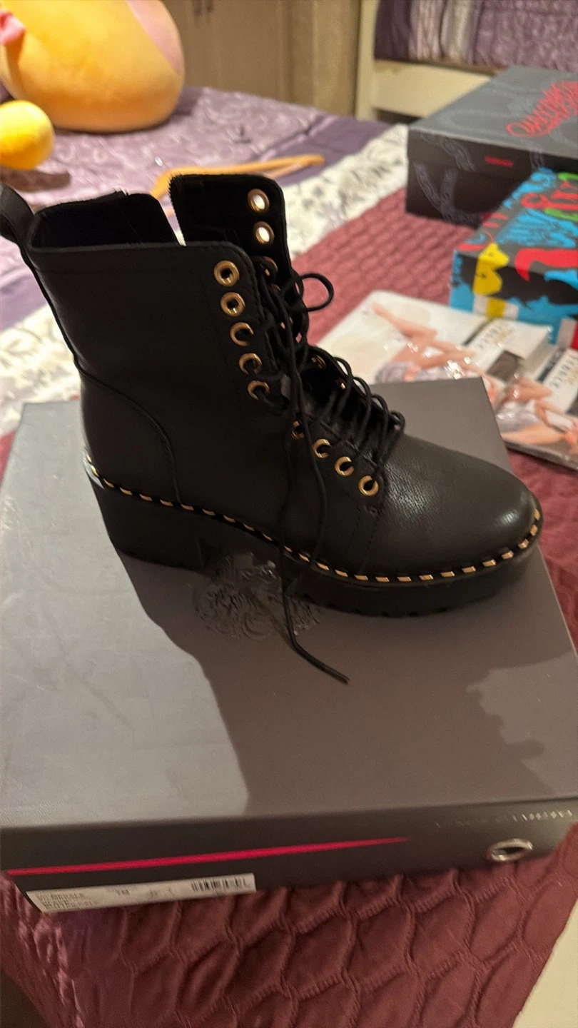 Black Leather Lace-Up Boots with Chain Detail - photo 2