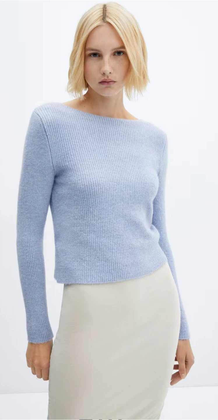 Mango Blue Ribbed Boat Neck Sweater