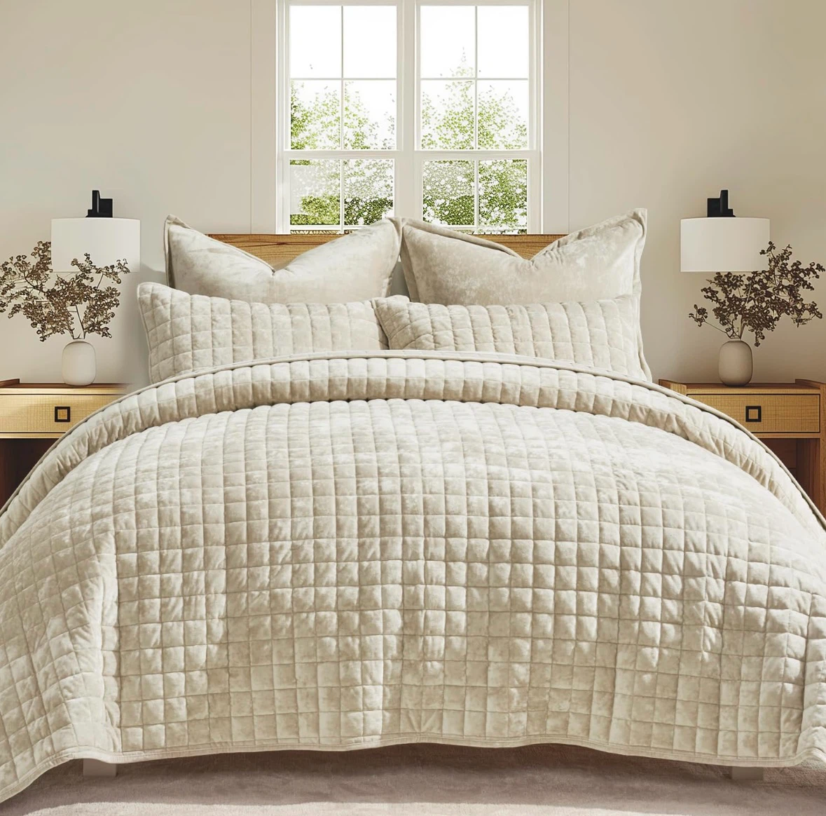 RECYCO Channel Box Stitch Velvet Quilt Set, King Size, Beige