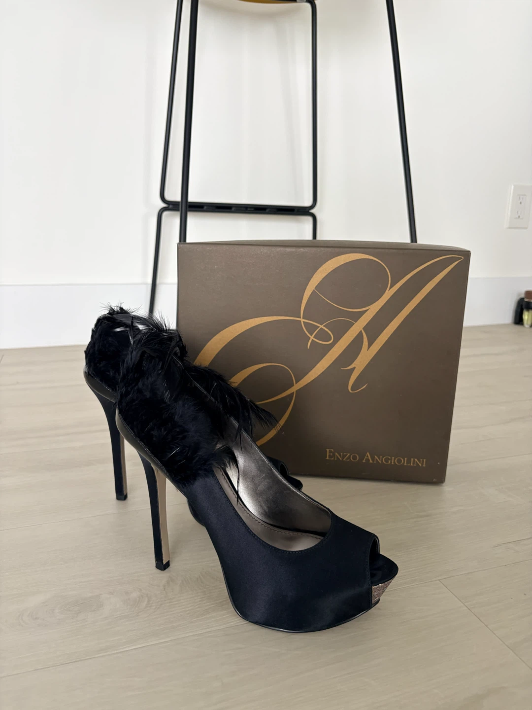 Enzo Angiolini Black Feather Peep-Toe Heels