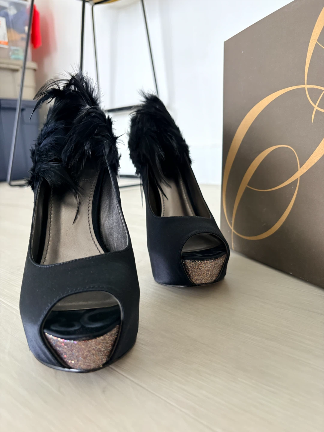 Enzo Angiolini Black Feather Peep-Toe Heels - photo 2