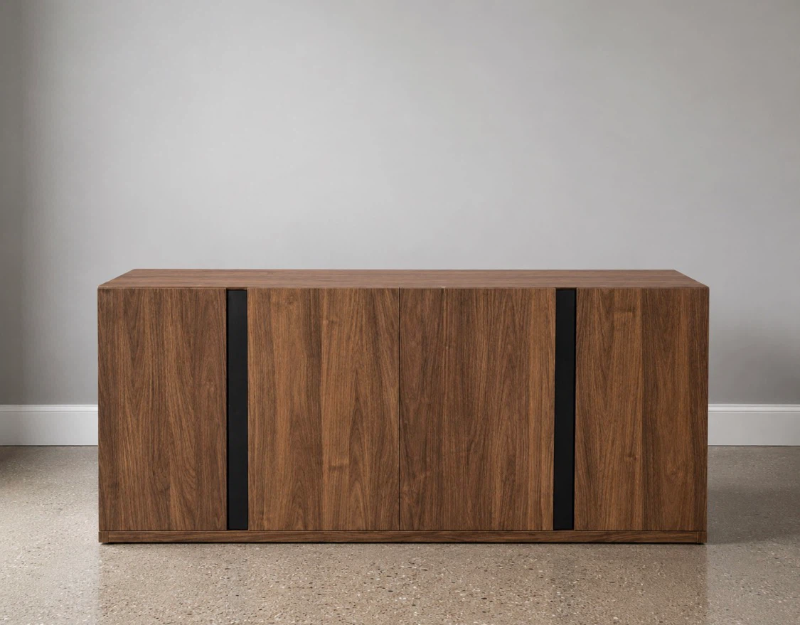 New Large Walnut Finish 4 Door Storage Sideboard Buffet Cabinet