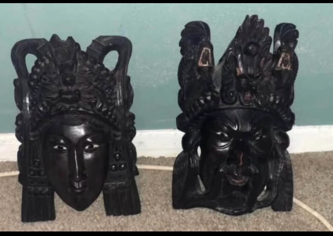 Vintage Hand-Carved Wooden Asian Masks - Set of 2