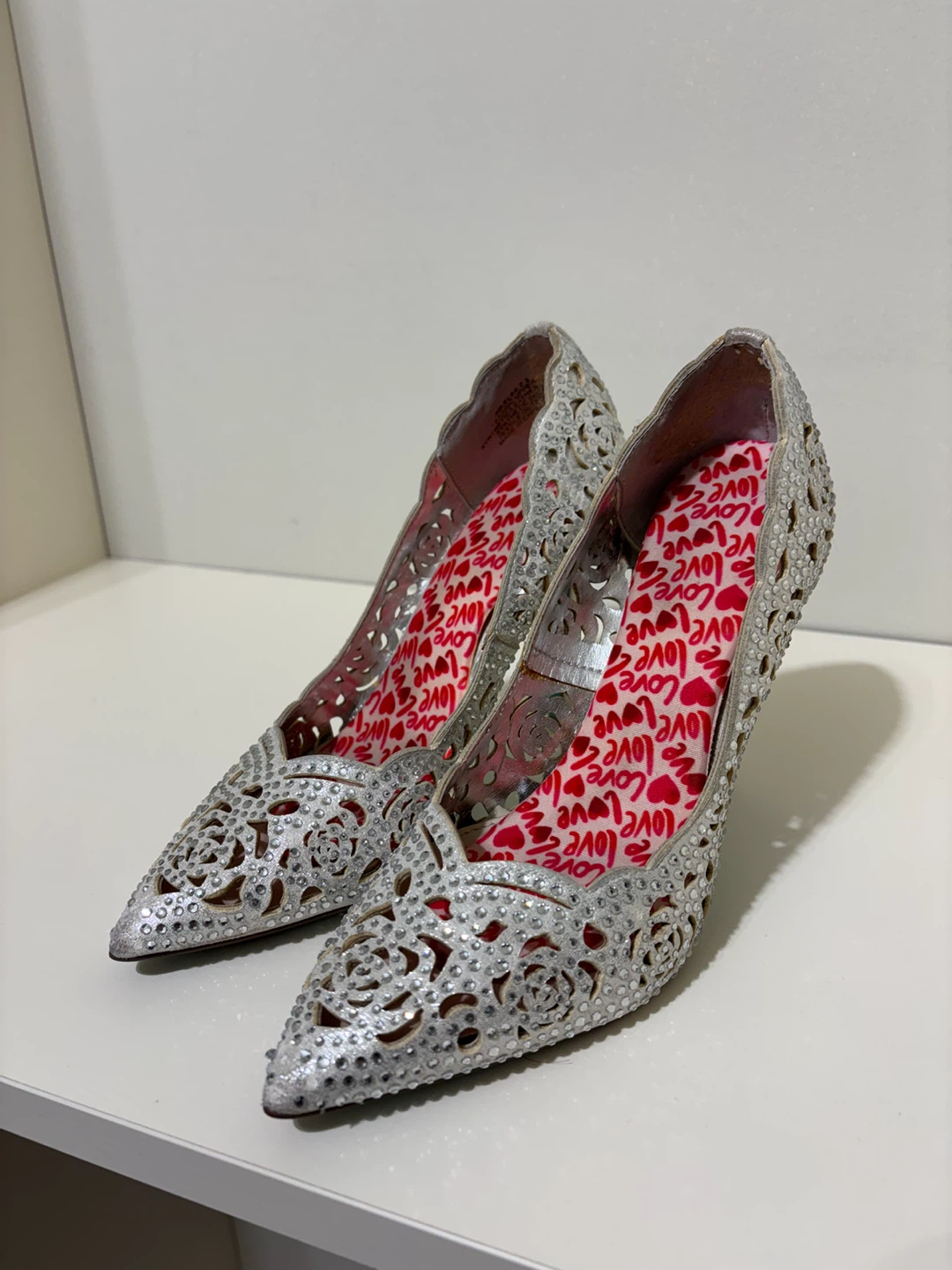Betsey Johnson Silver Rhinestone Heels SIZE 6