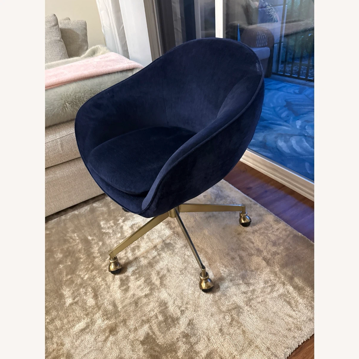 West Elm Navy Blue Velvet Swivel Office Chair with Gold Base - photo 3