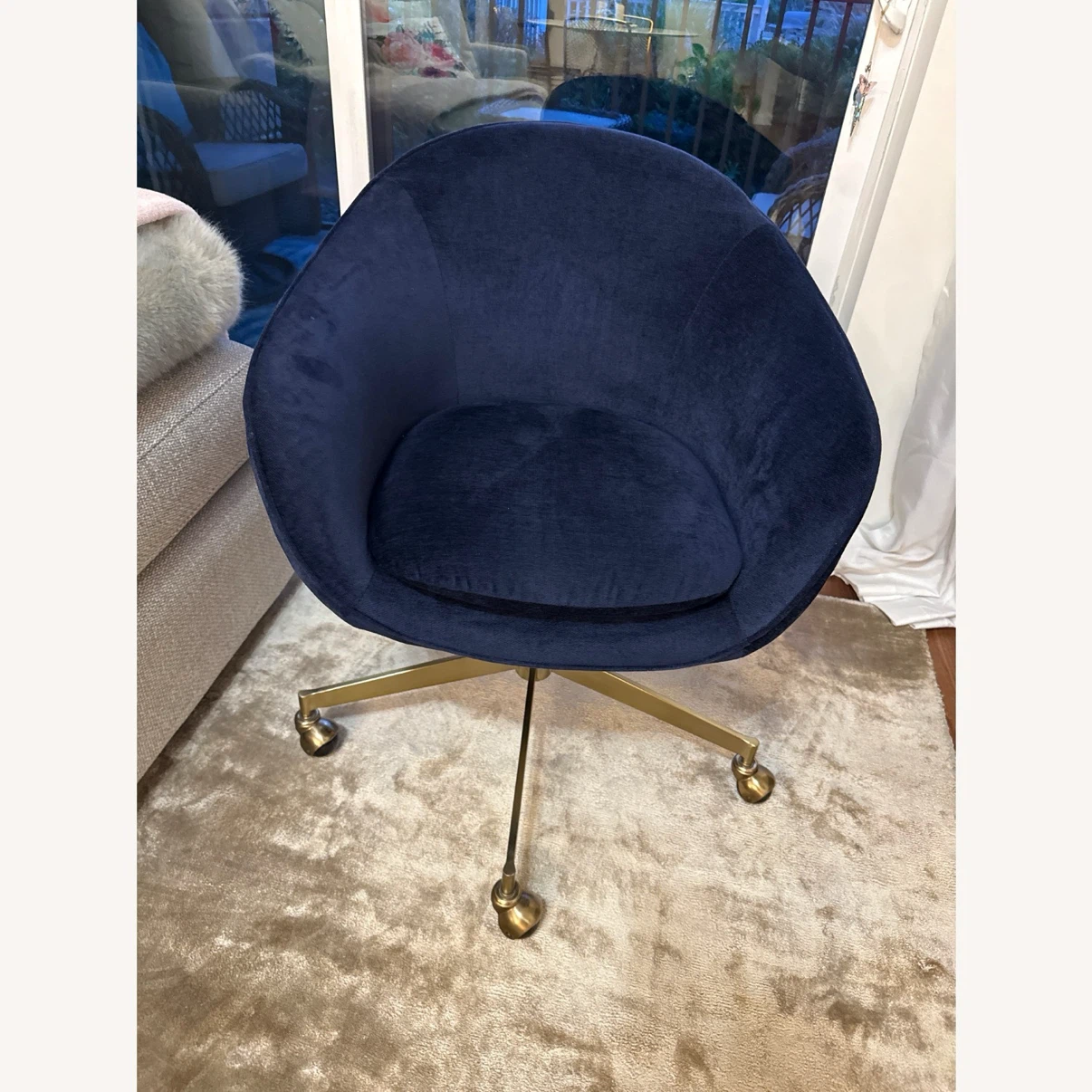 West Elm Navy Blue Velvet Swivel Office Chair with Gold Base - photo 4