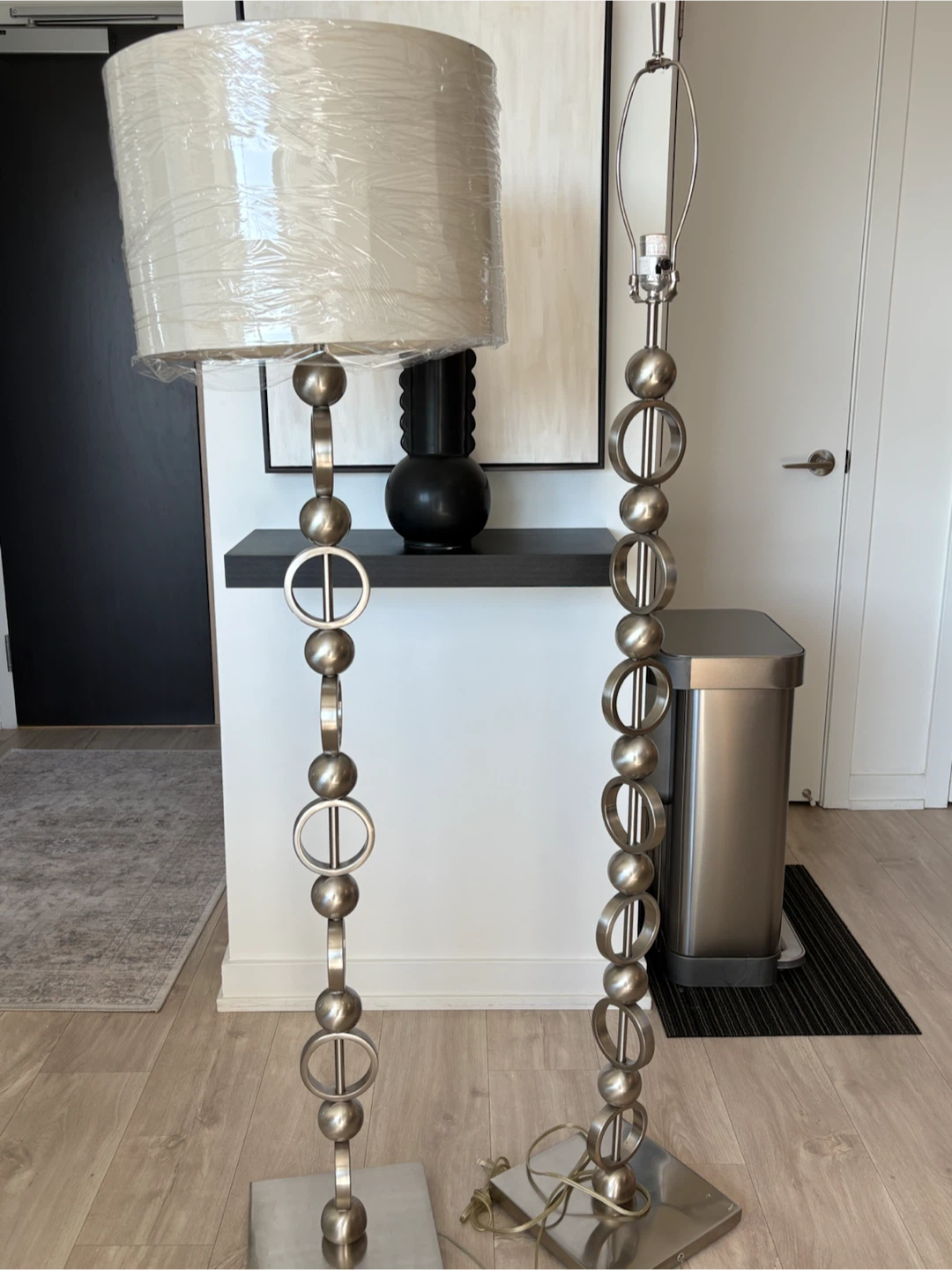 Silver Metal Floor Lamp with Decorative Circles and Beads