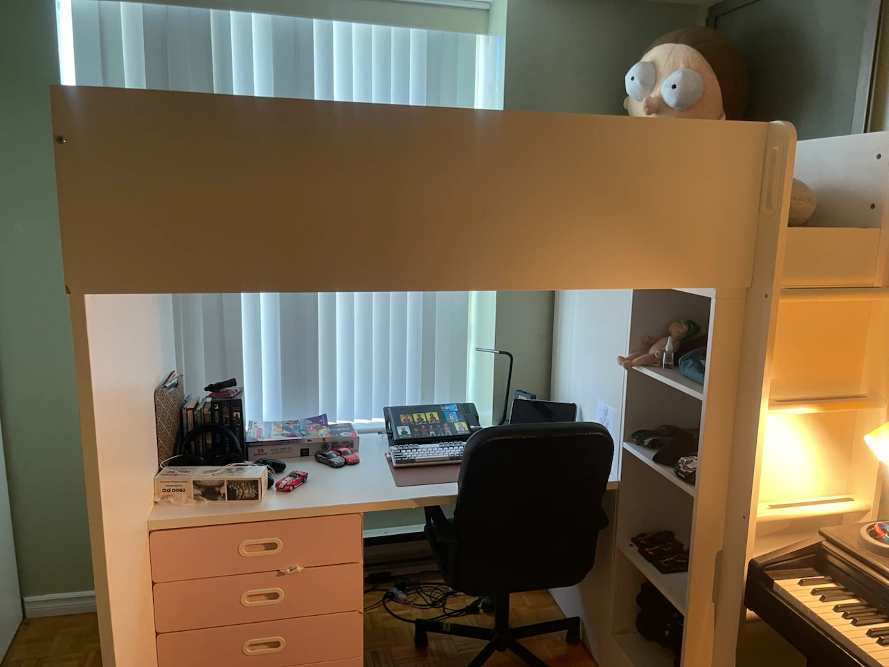 White Loft Bed with Desk and Shelving