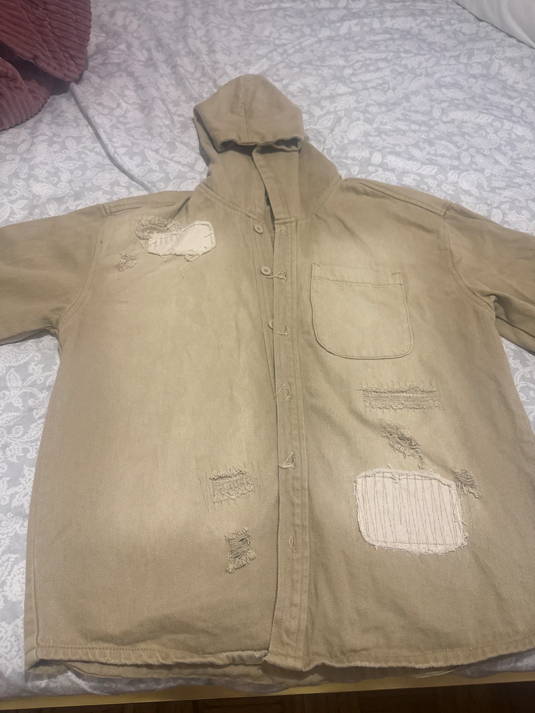 Forever 21 Men's Distressed Hooded Shirt - Tan, Small