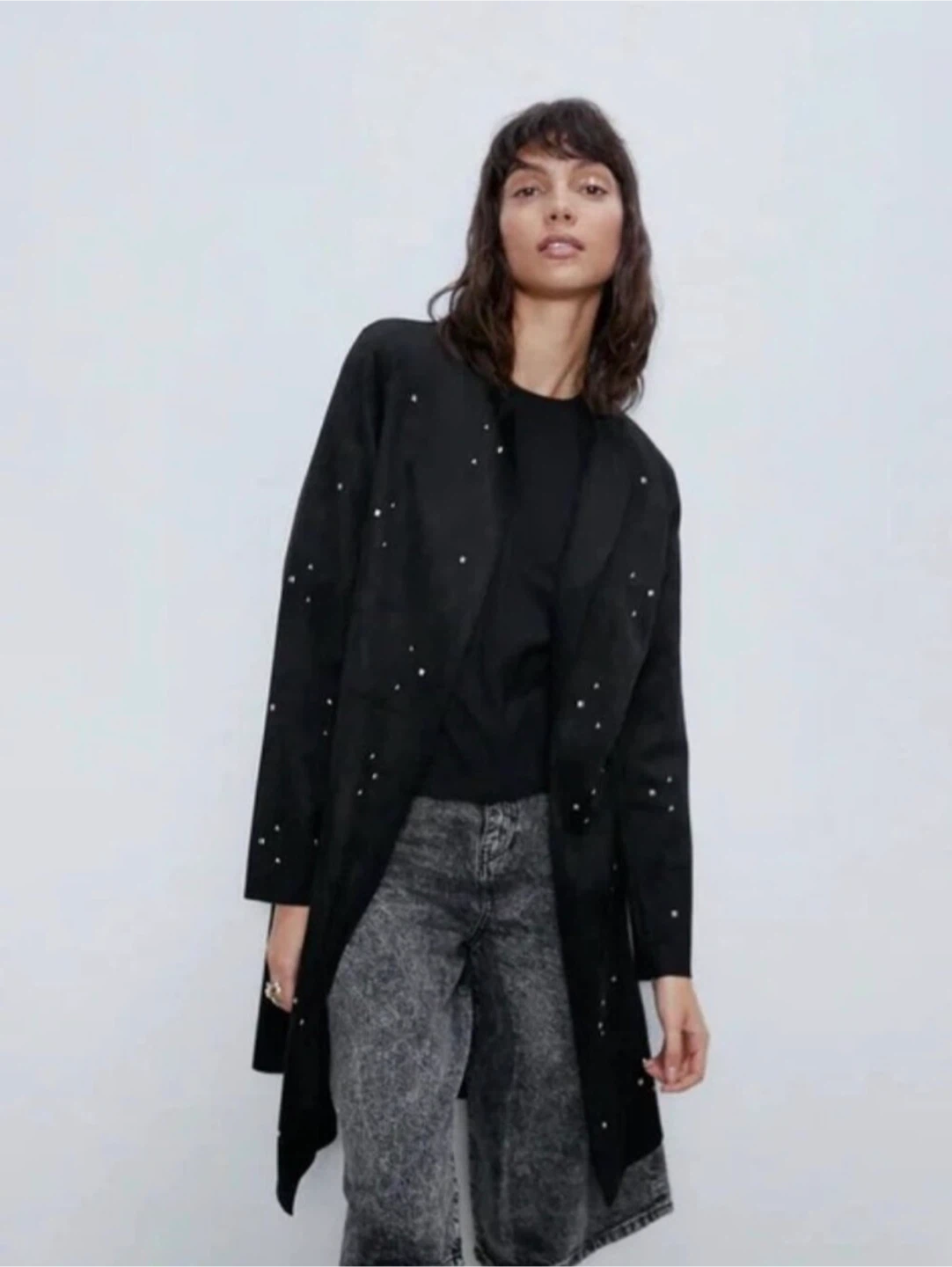 Zara Faux Suede Long Coat with Silver Studs - Black - US M
