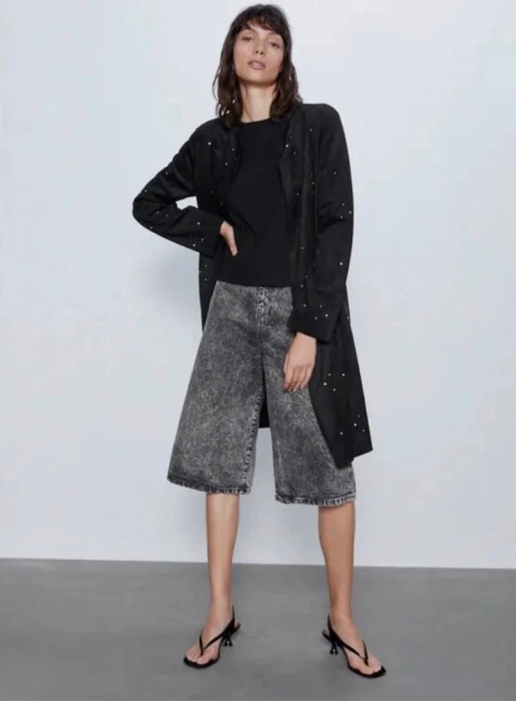 Zara Faux Suede Long Coat with Silver Studs - Black - US M - photo 2