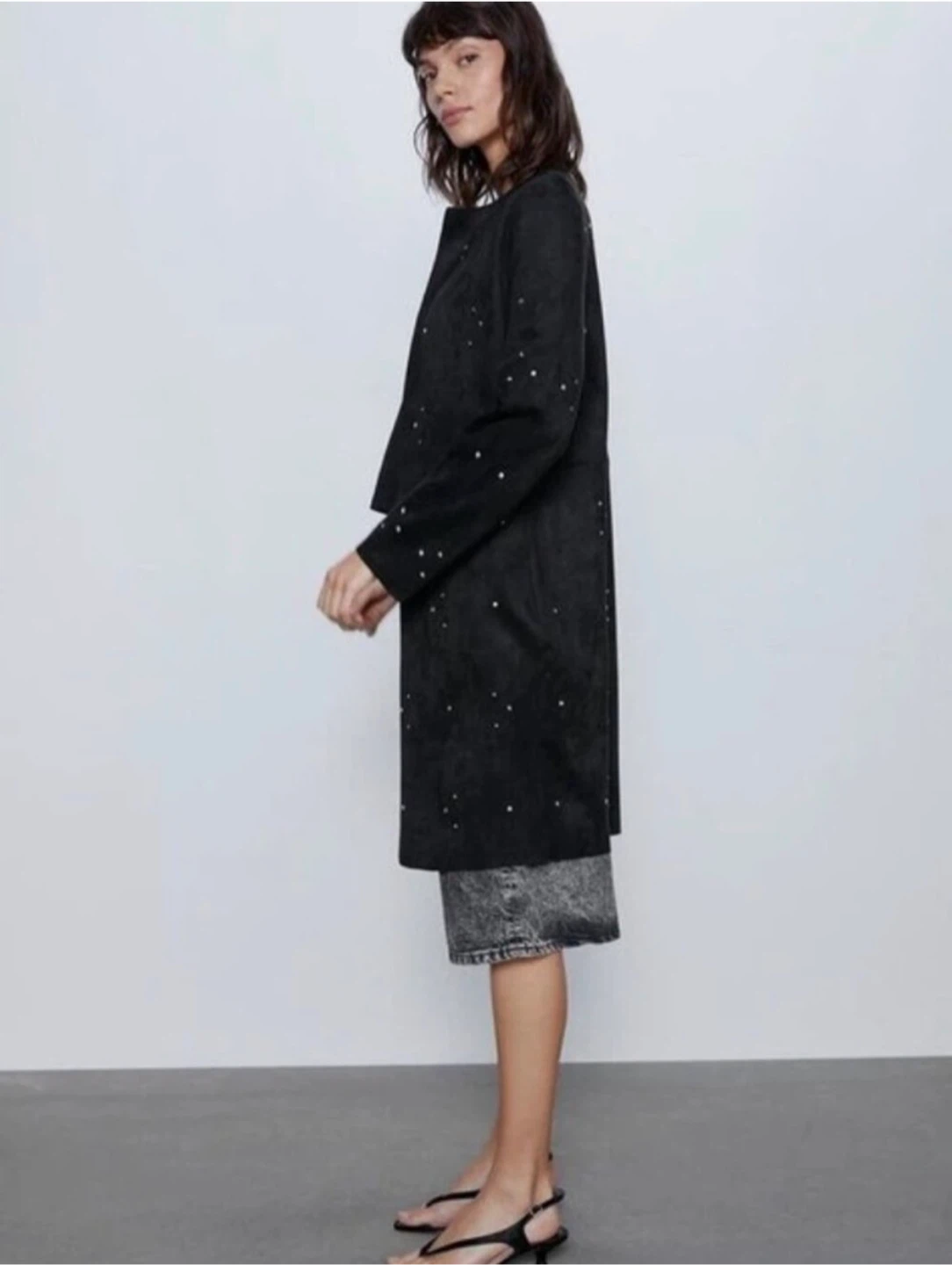 Zara Faux Suede Long Coat with Silver Studs - Black - US M - photo 3