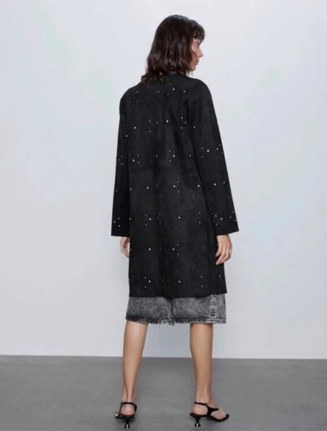 Zara Faux Suede Long Coat with Silver Studs - Black - US M - photo 4