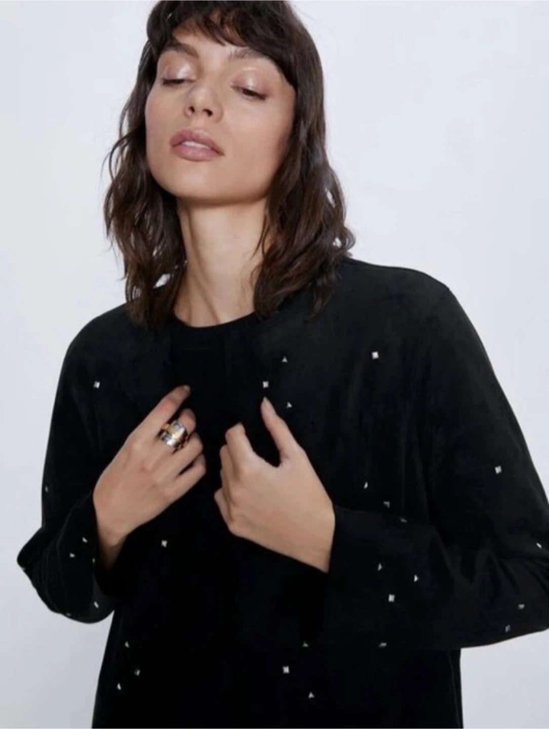 Zara Faux Suede Long Coat with Silver Studs - Black - US M - photo 5