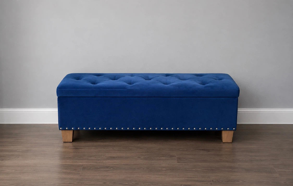 New Blue Storage Accent Ottoman with Nailhead Trim