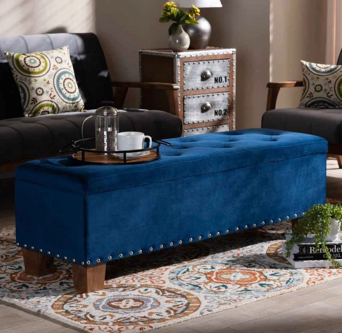 New Blue Storage Accent Ottoman with Nailhead Trim - photo 3