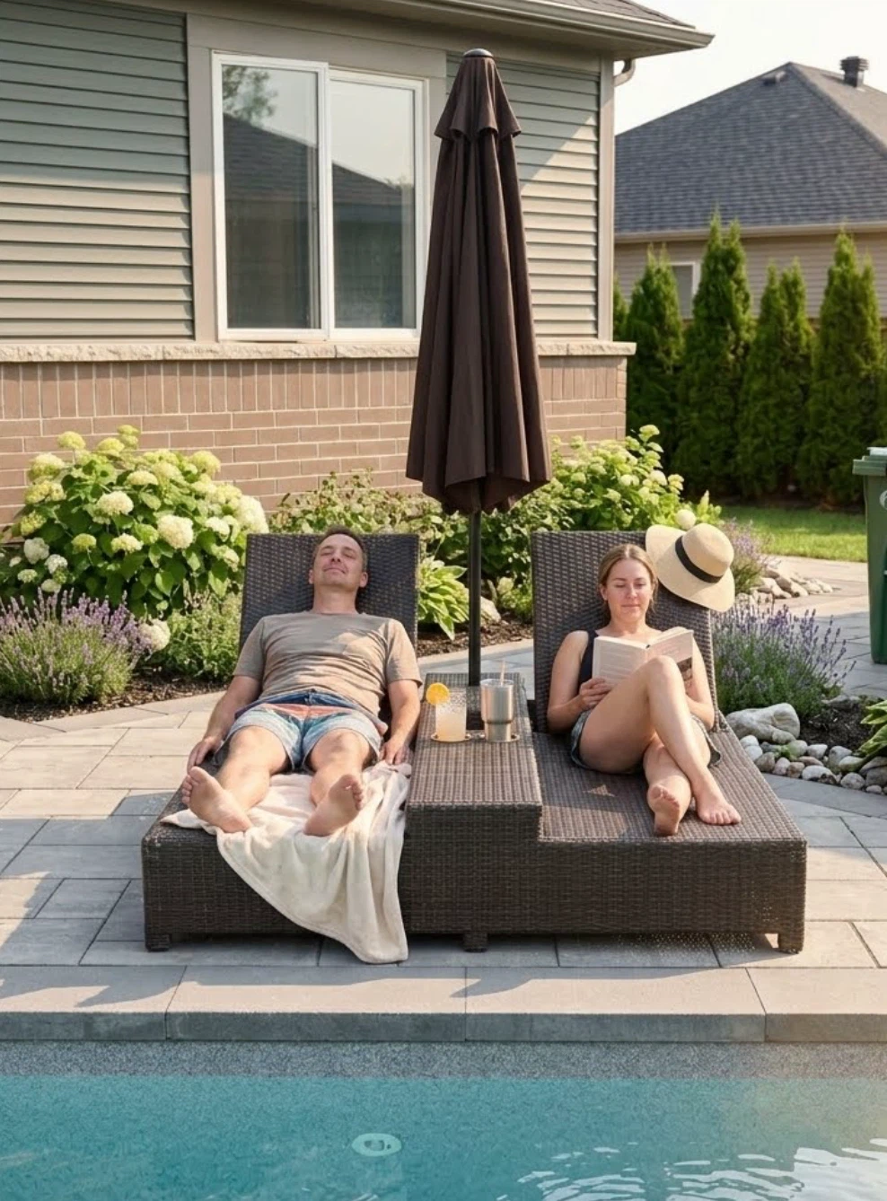 Double Chaise Lounge with Built-in Table