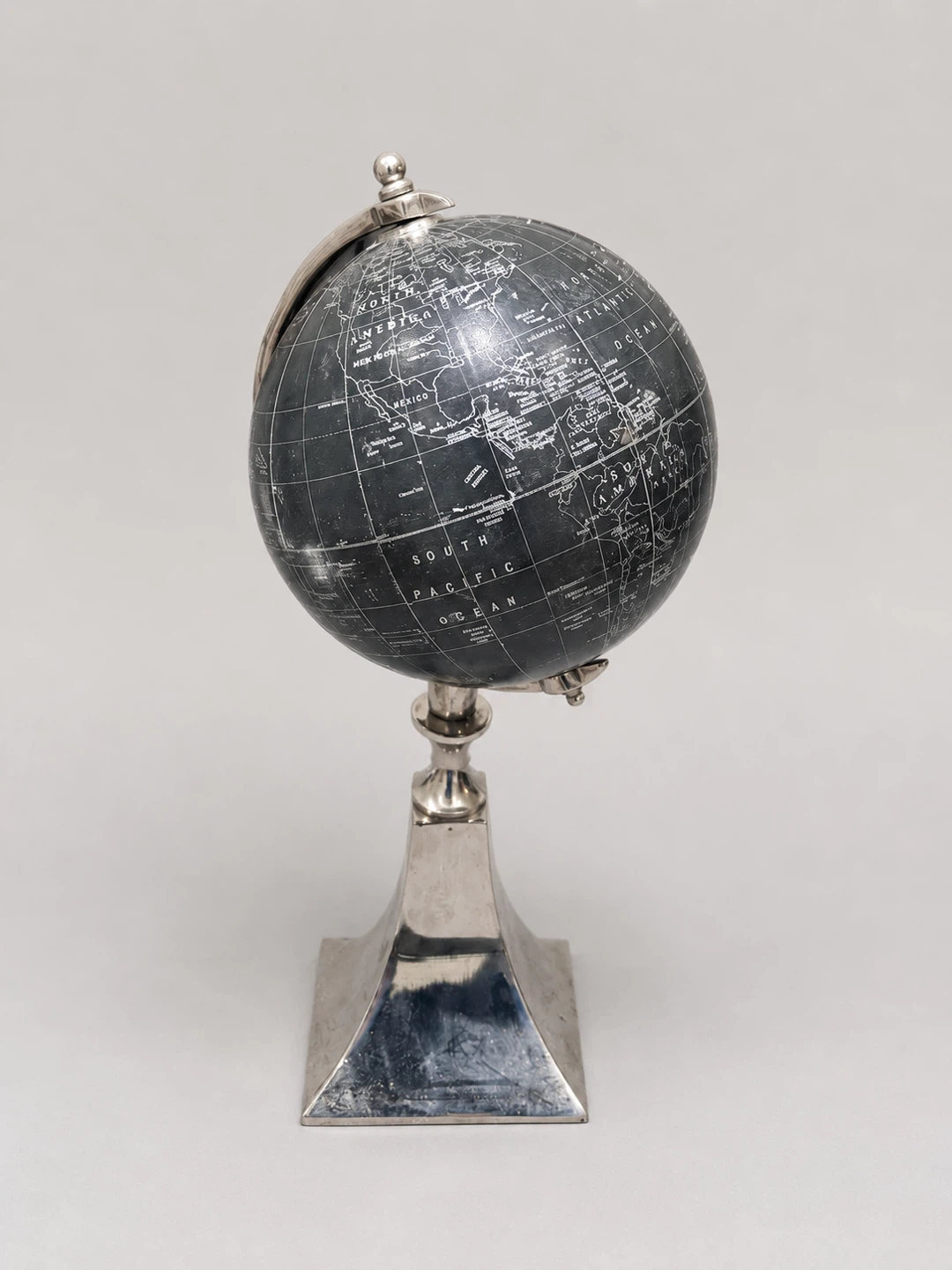 Decorative Black & Silver World Globe on Metal Stand