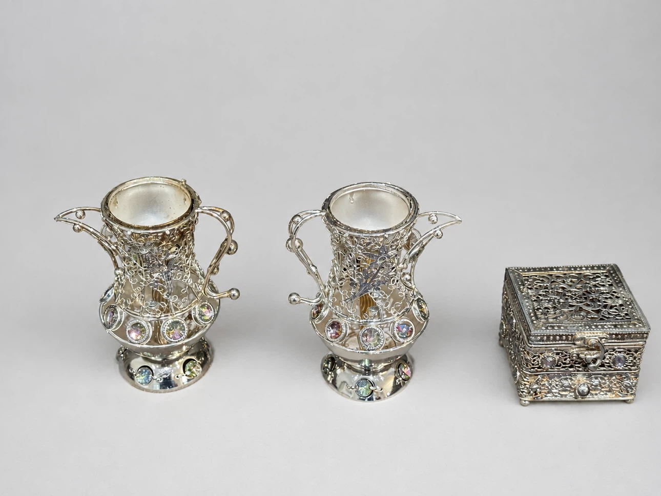 Ornate Silver-Tone Decorative Pitchers & Trinket Box
