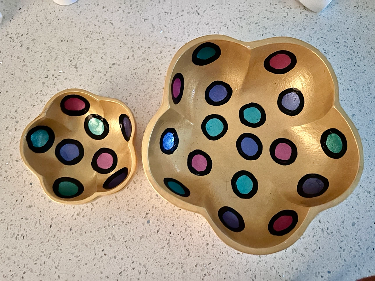 Gold Polka Dot Flower Shaped wooden bowls (Set of 2)