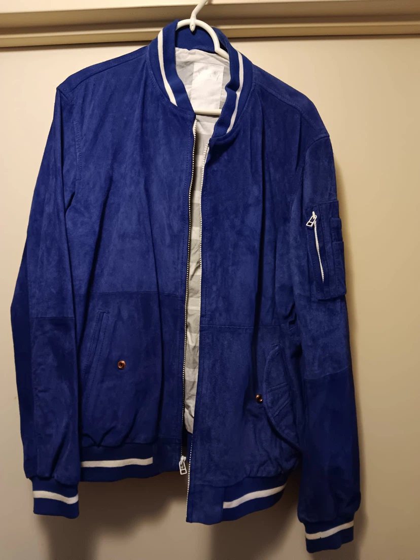Men's Blue Suede Bomber Jacket
