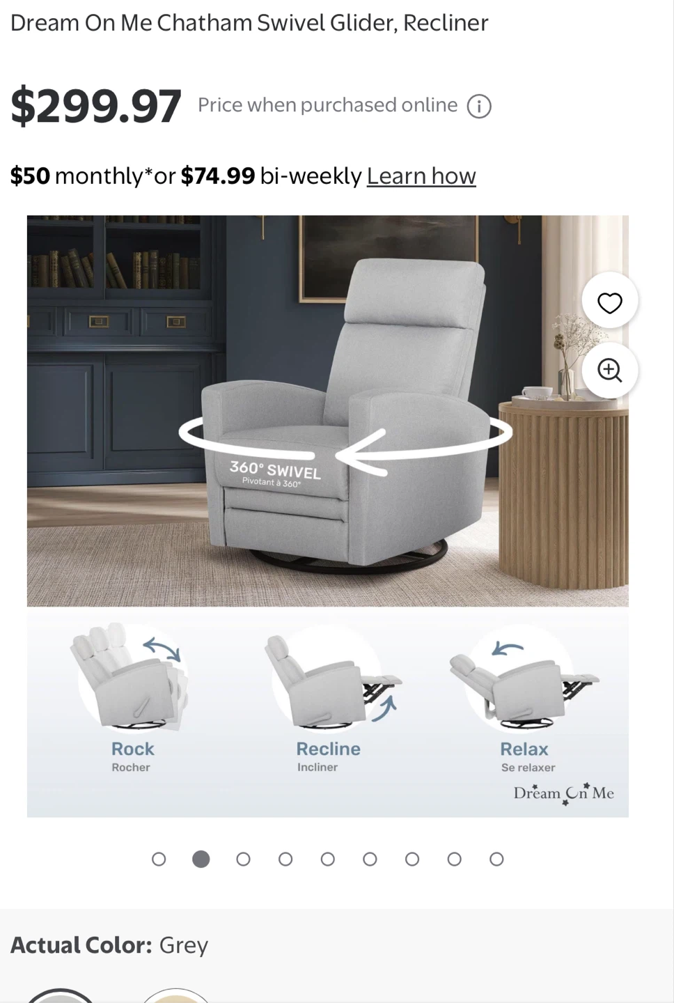 Dream On Me Chatham Swivel Glider, Recliner - Grey