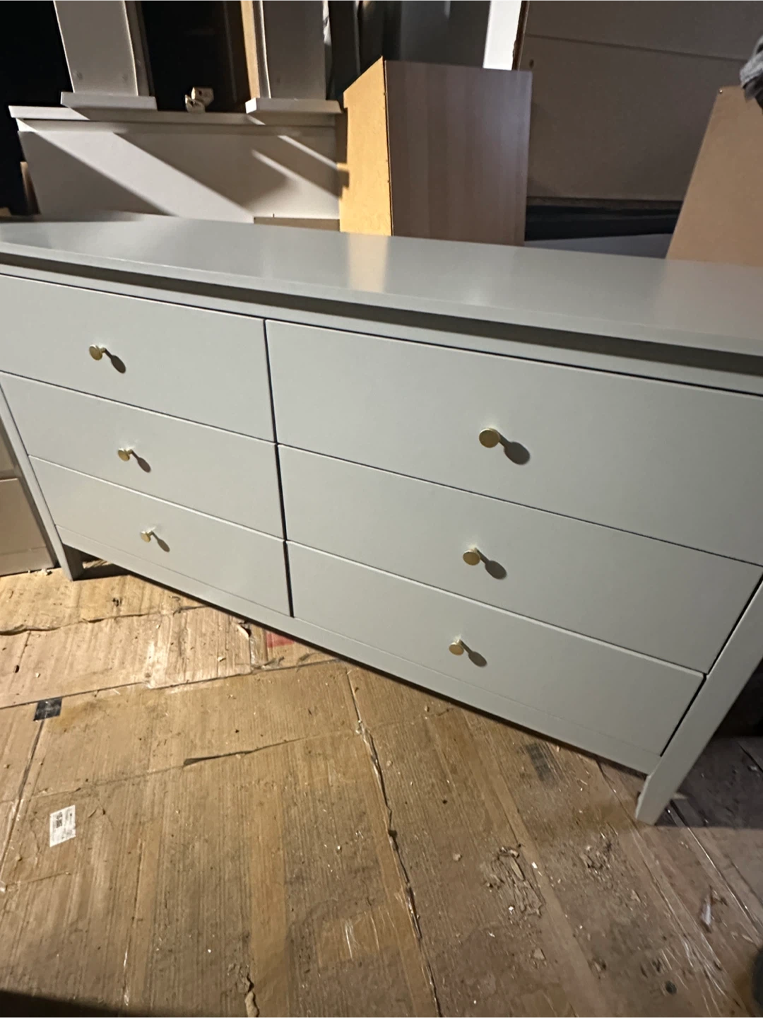 Grey 6-Drawer Dresser with Gold Knobs