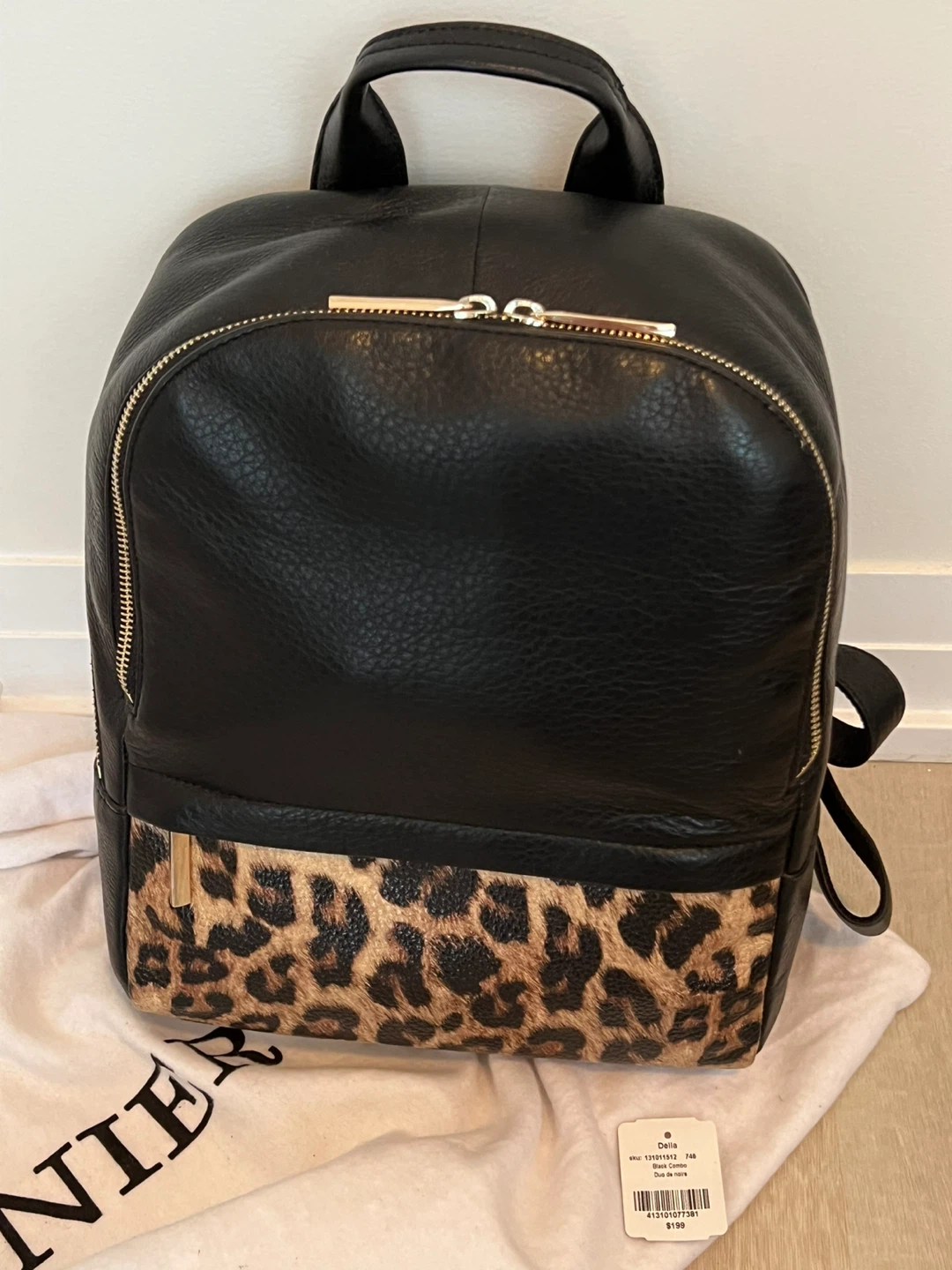 Danier Black and Leopard Print Leather Backpack