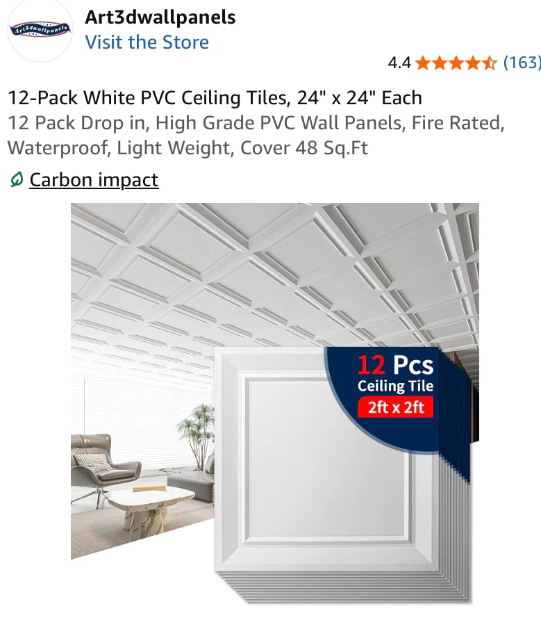New 12-Pack White PVC Ceiling Tiles, 24" x 24" Art3D