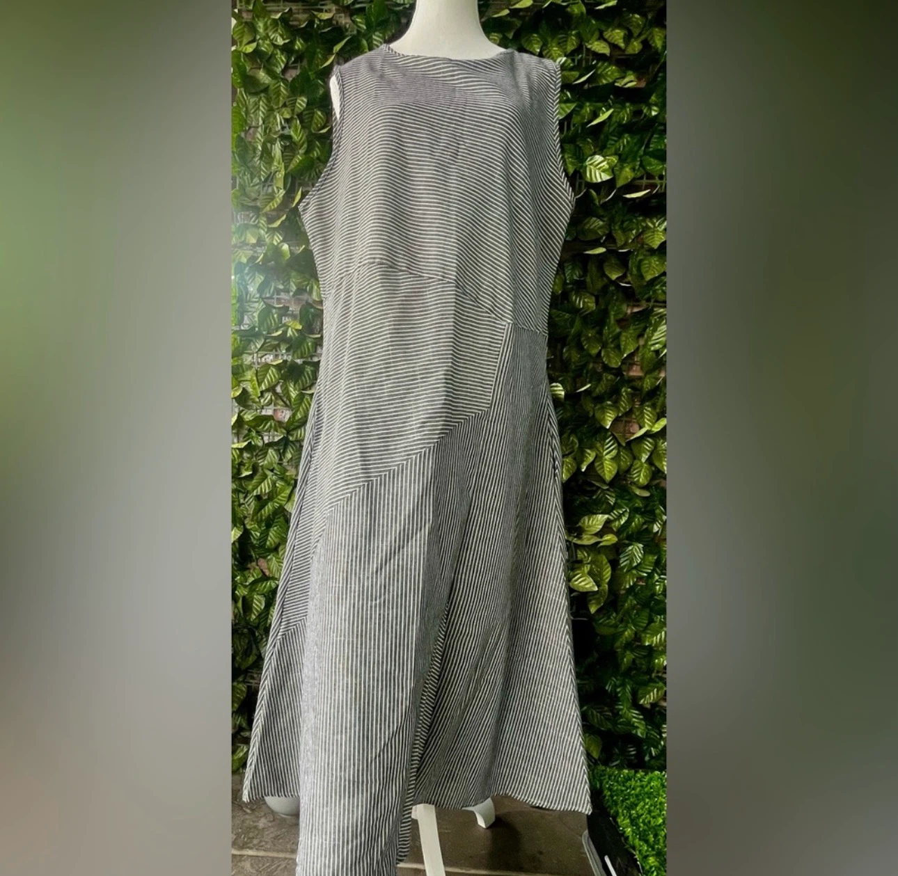 Grey Striped Sleeveless Midi Dress
