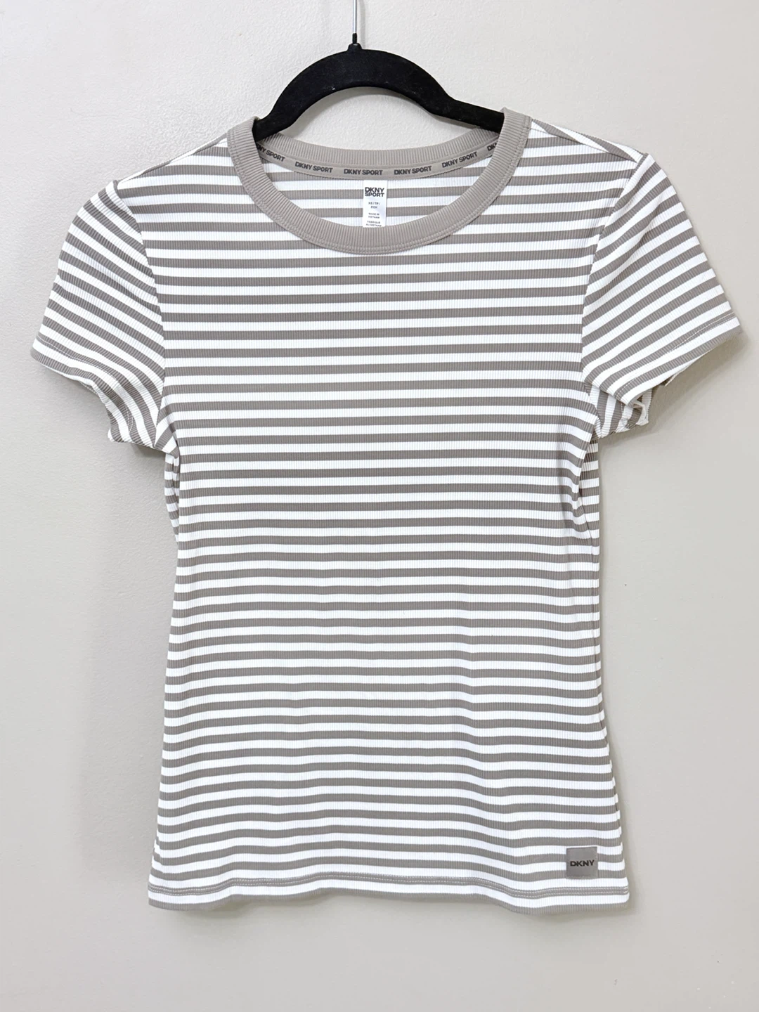 DKNY Sport Striped Ribbed Short Sleeve T-Shirt White/Taupe XS