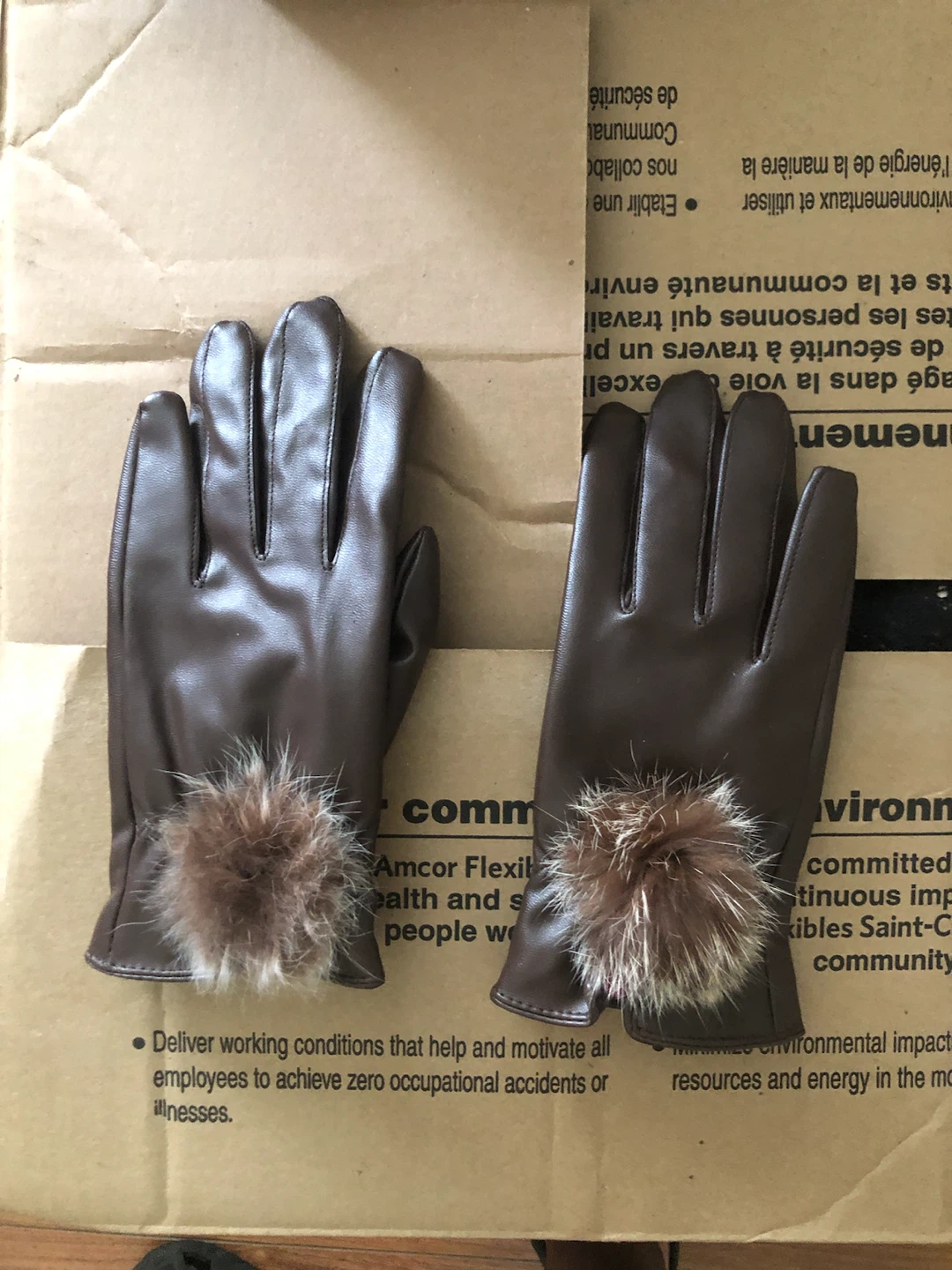 Women's Brown Faux Leather Gloves with Fur Pompoms