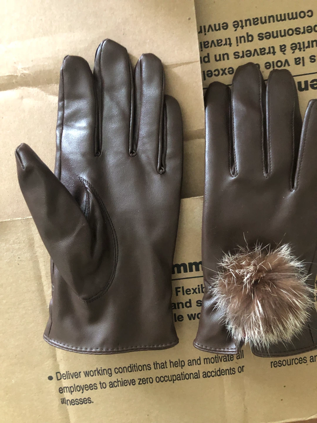 Women's Brown Faux Leather Gloves with Fur Pompoms - photo 2