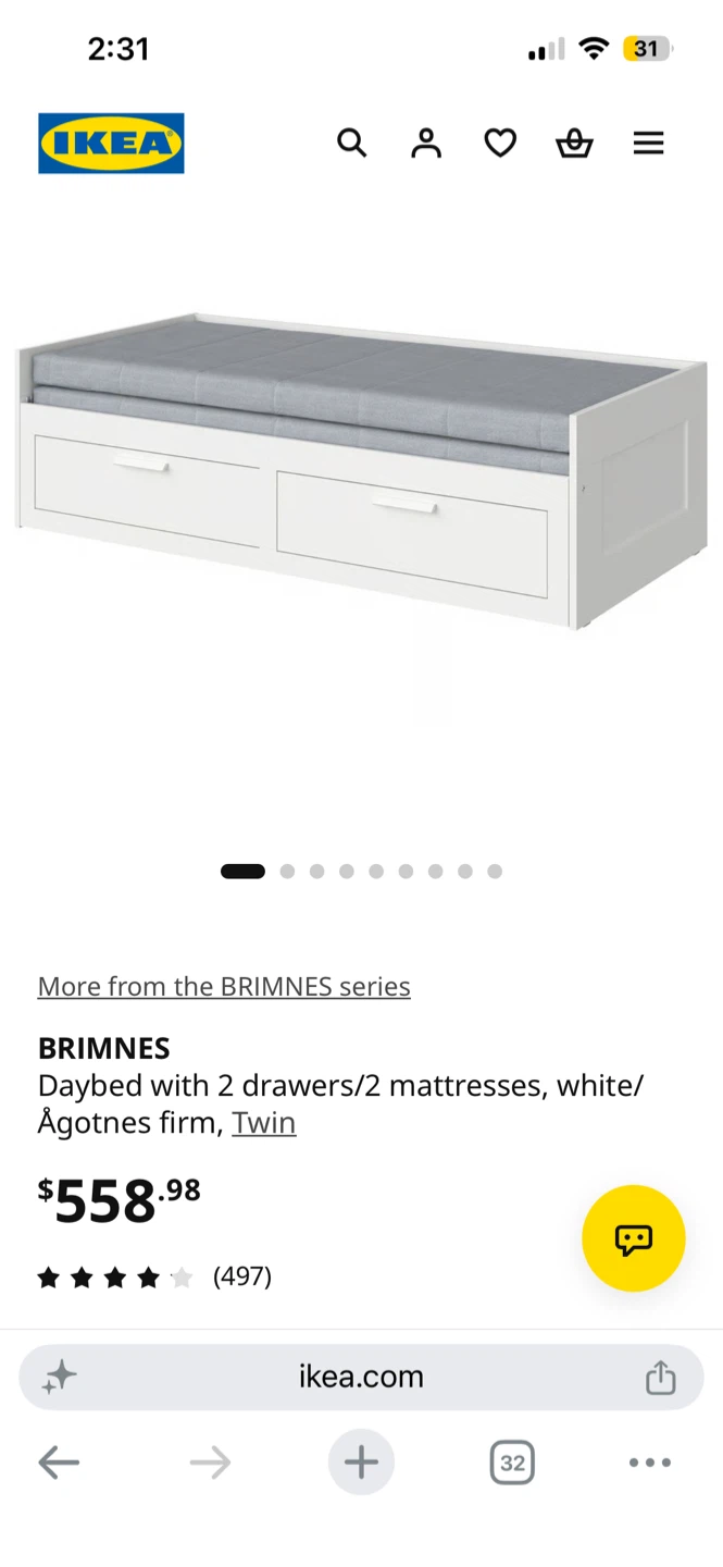 IKEA BRIMNES Daybed with 2 Drawers - White - Twin