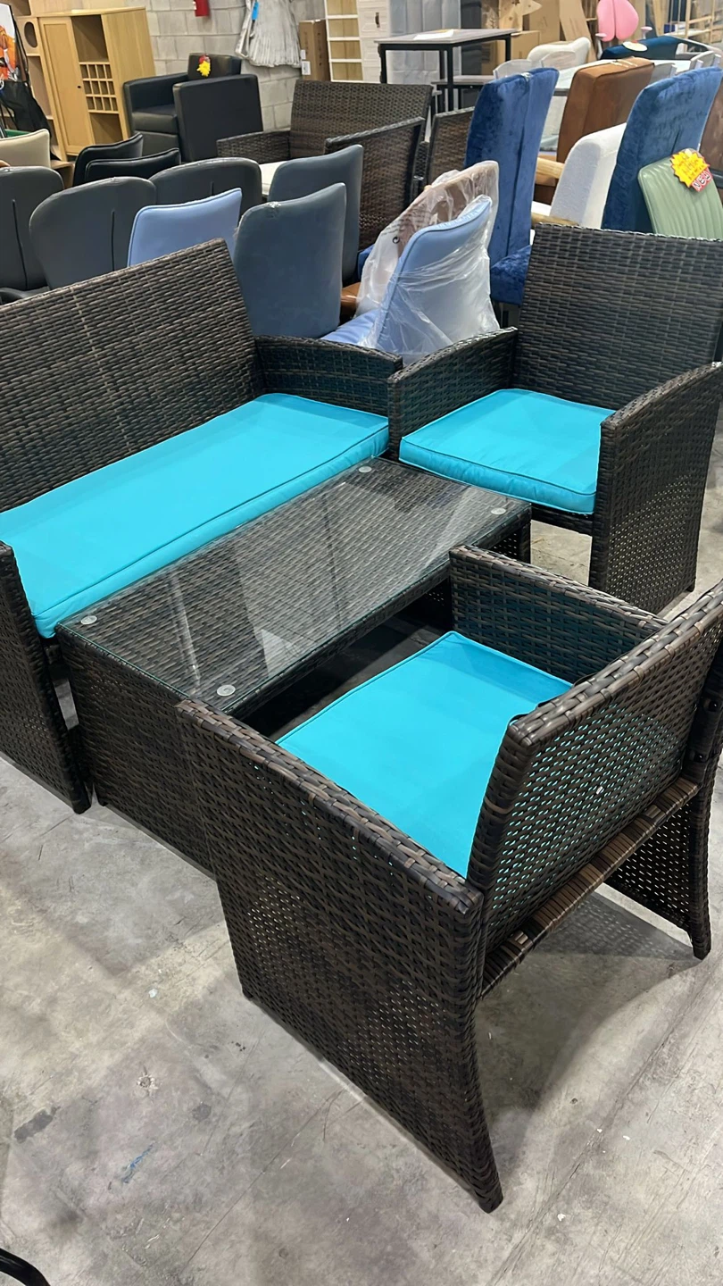 3-Piece Wicker Patio Set with Blue Cushions