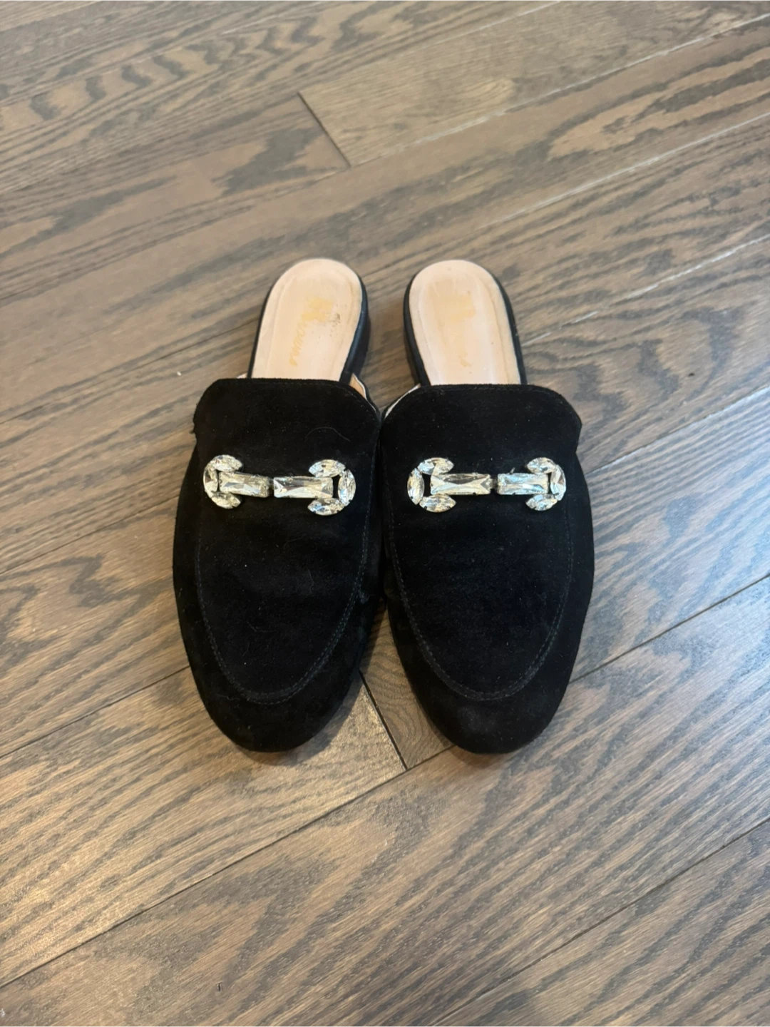 Black Suede Mules with Crystal Detail