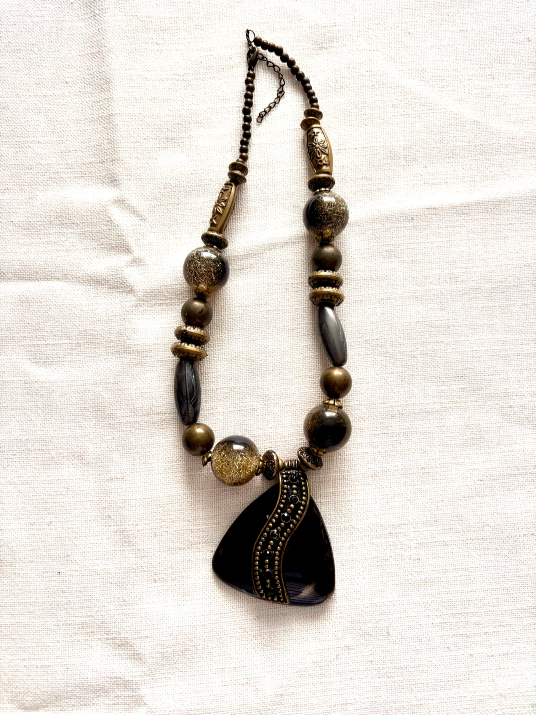 Beaded Statement Necklace with Dark Triangle Pendant
