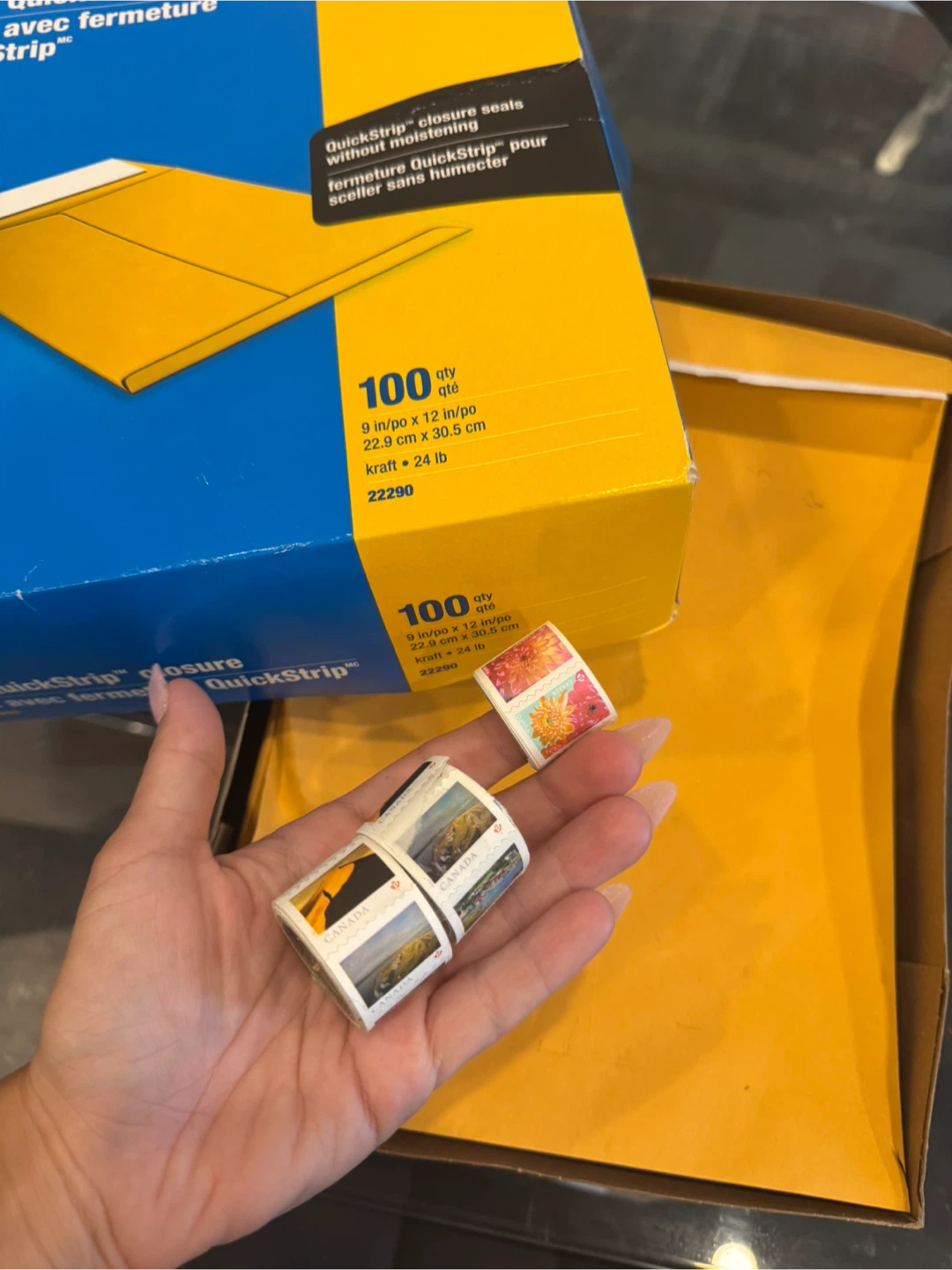 Canada Post stamps and 100 kraft envelopes