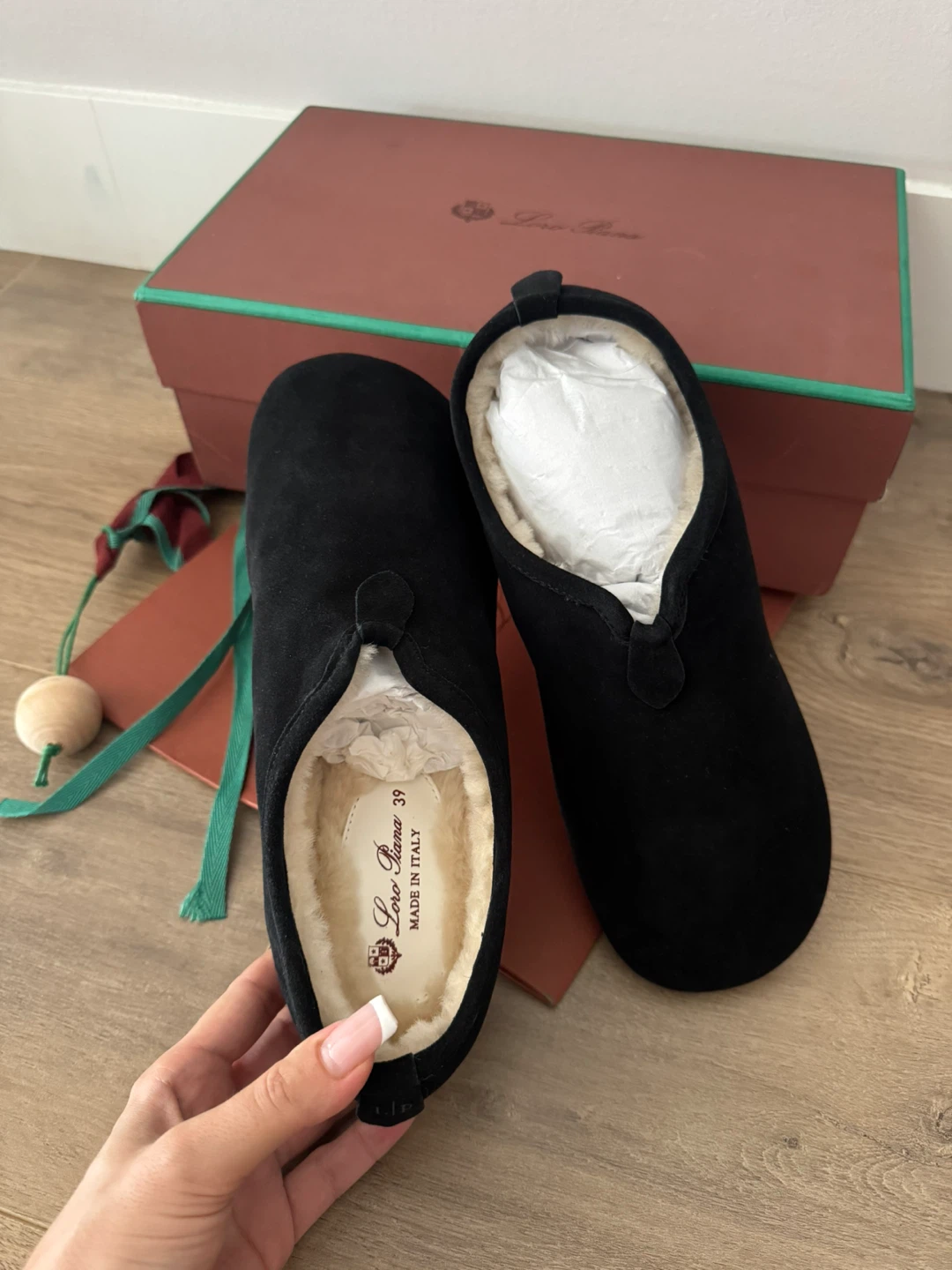 NEW LP Premium Black Suede Shearling Slip-Ons / Mules